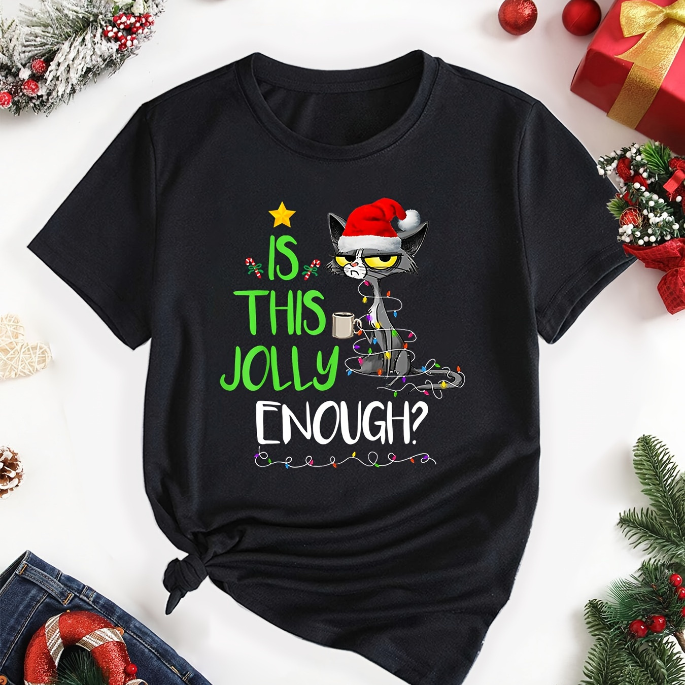 

Women's 100% Graphic T-shirt With 'is This Jolly Enough' Print, Casual Crew Neck Tee With Short Sleeves, Slight Stretch Knit Fabric - Season-neutral Top For Christmas Festivities