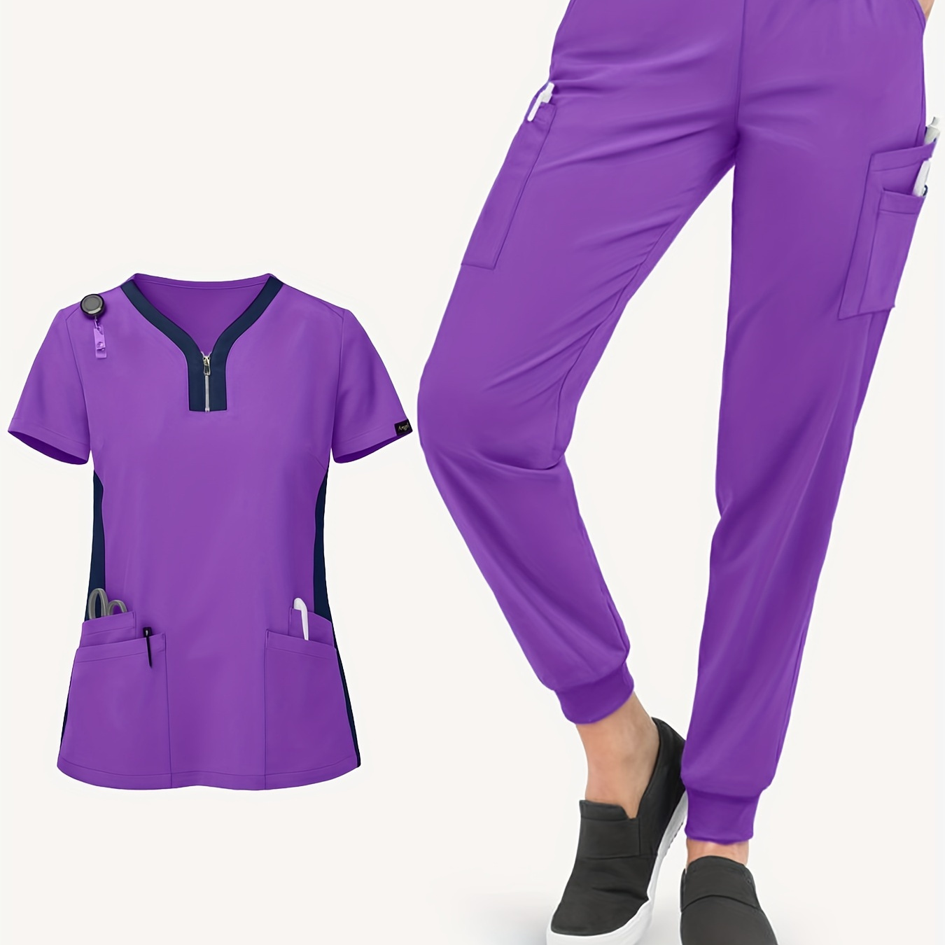 Solid Scrub Two-piece Set For Work, V Neck Short Sleeve Zip Front Tops With Pockets & Long Length Pants Outfits, Women's Clothing