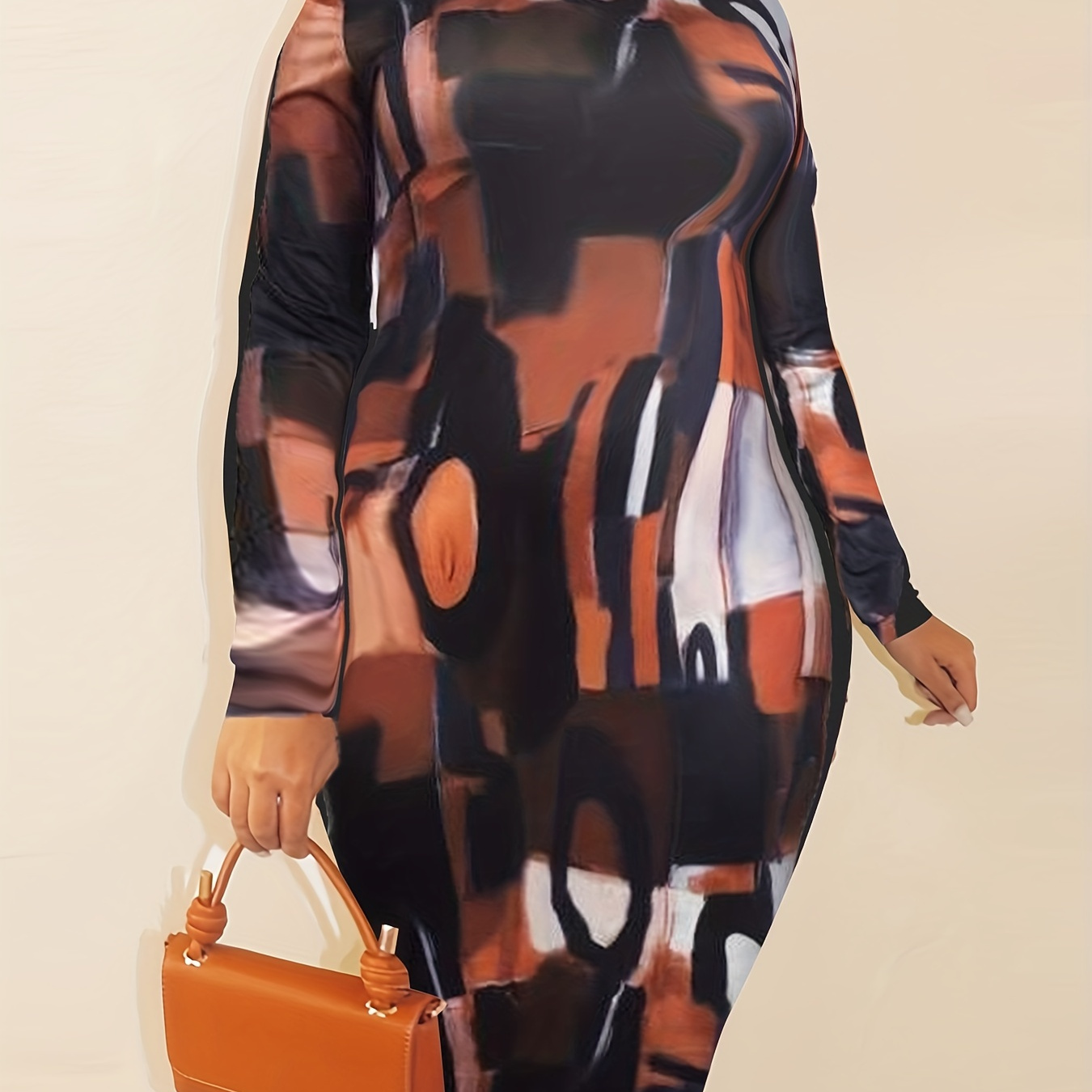 Plus Size Random Print High Neck Long Sleeve Bodycon Dress, Women's Curve Slight Stretch Retro Bodycon Dress