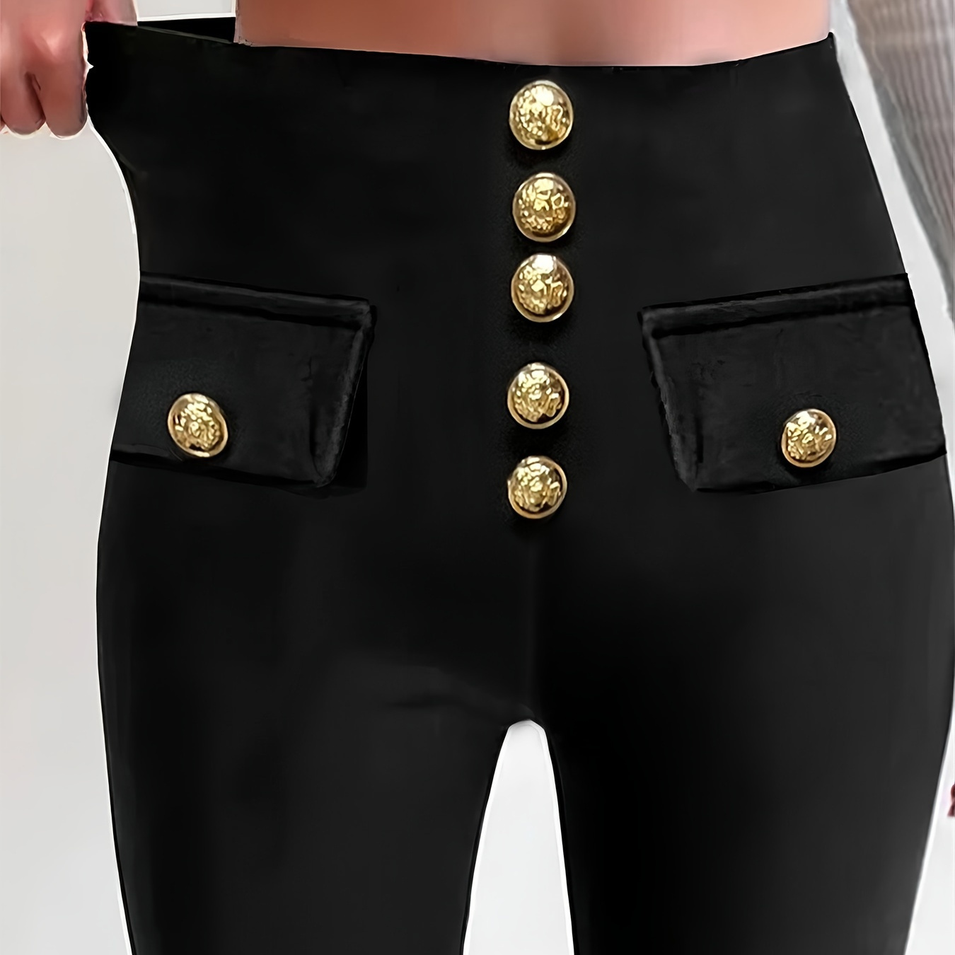 

Solid High Waist Leggings, Casual Button Decor Leggings, Women's Clothing
