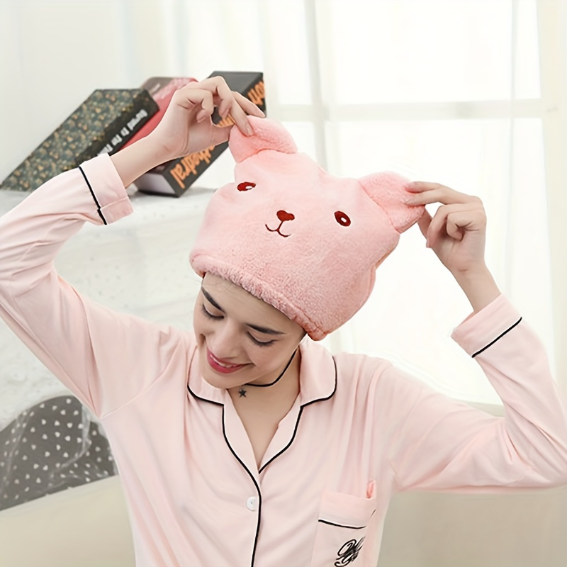 

1pc Quick Dry Hair Cap With Cute Cartoon Bear Design - Absorbent Shower Cap For Hair Drying And Styling