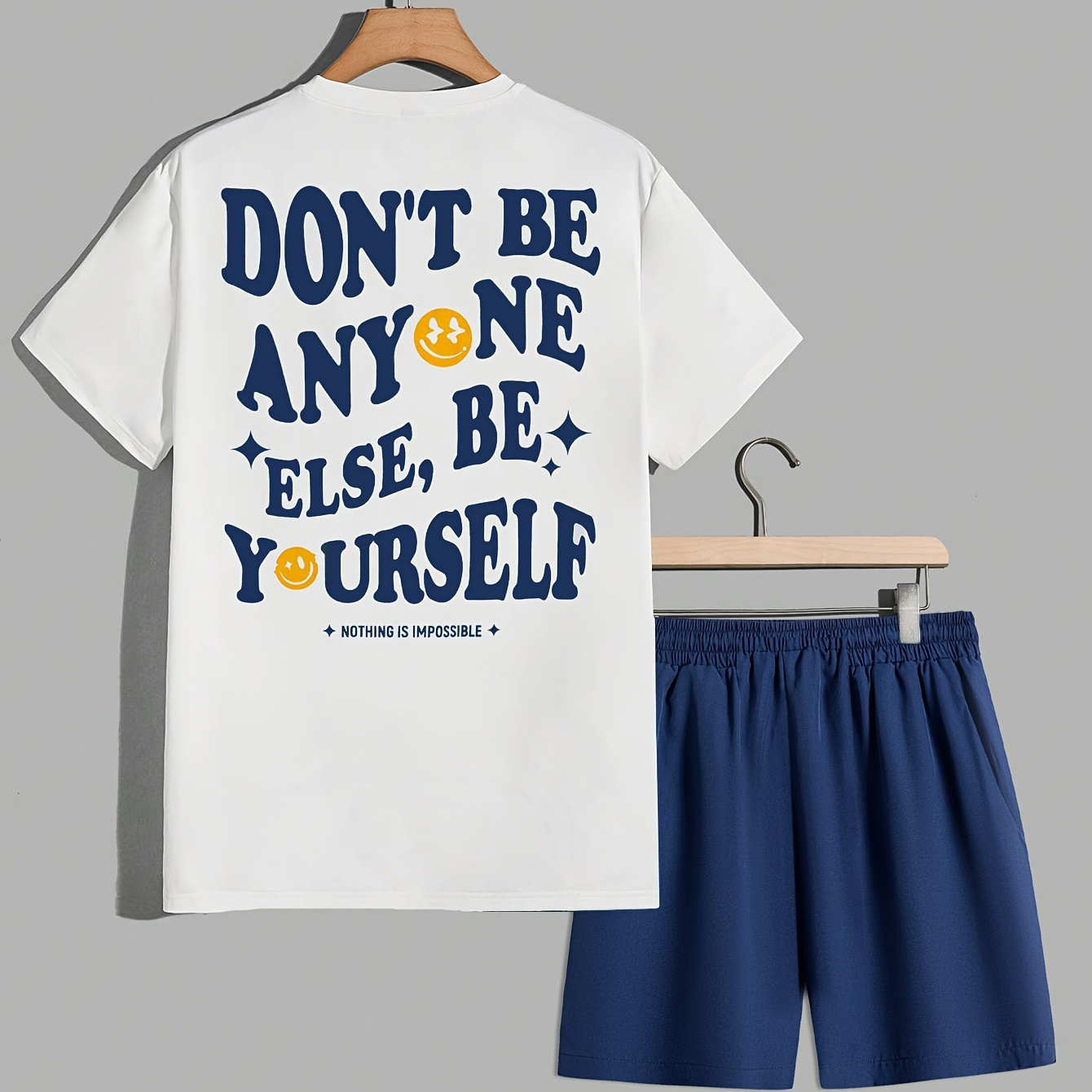 

Men's Casual Outfit, Summer T-shirt & Shorts Set, Comfortable Crew Neck Tee With Stylish Letter Print, Breathable Solid Color Shorts