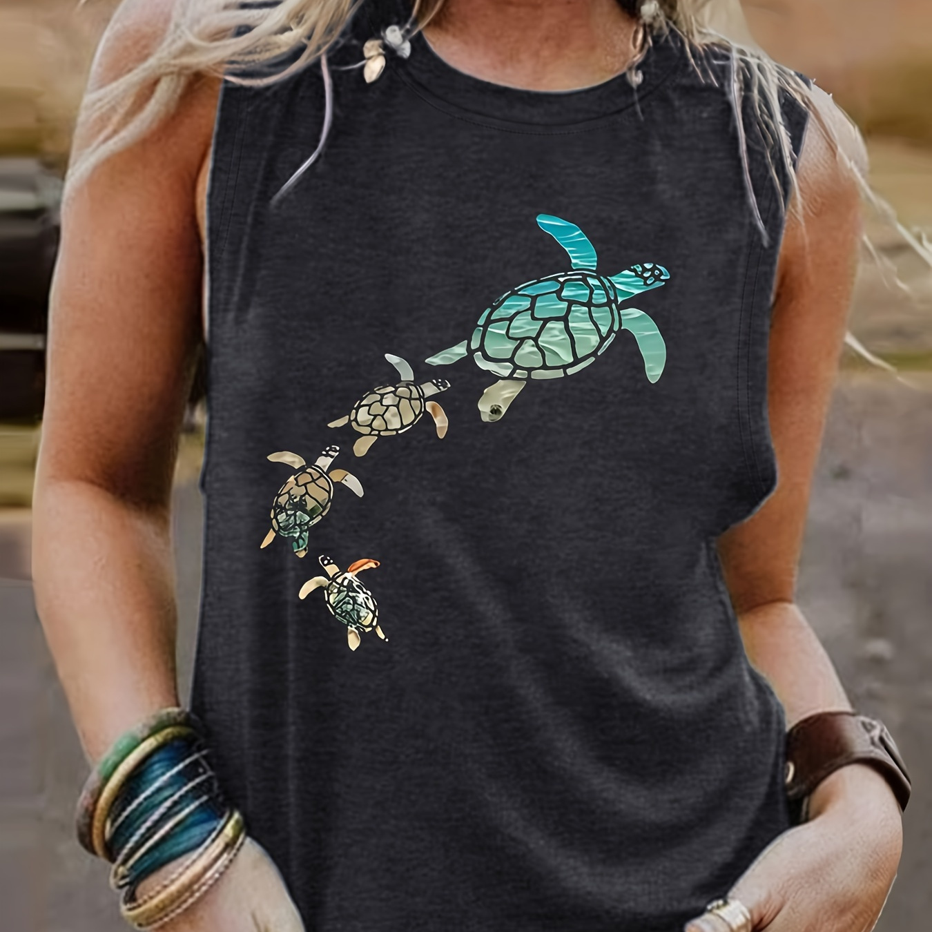 

Colorful Turtle Print Crew Neck Tank Top, Casual Sleeveless Tank Top For Summer, Women's Clothing