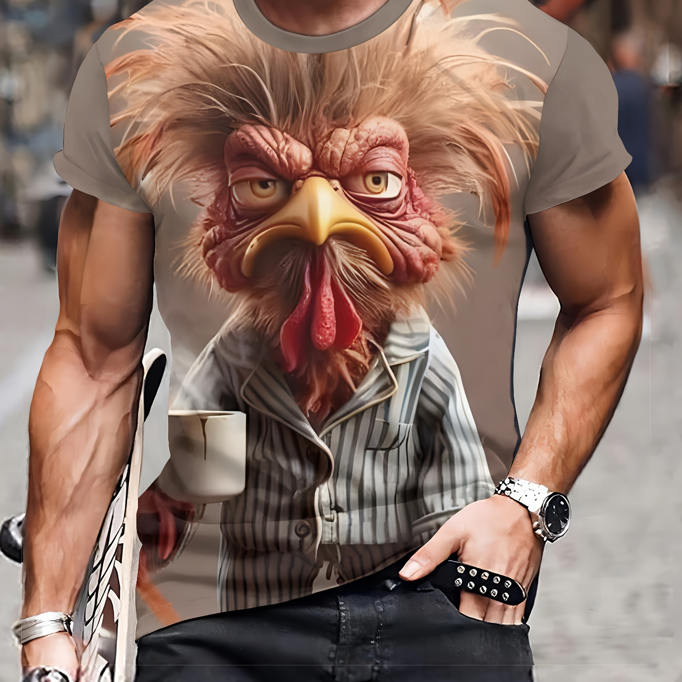 

Men's Casual Crew Neck T-shirt With 3d Chicken Print - 100% Polyester Knit Fabric With Slight Stretch - Regular Fit Short Sleeve Tee