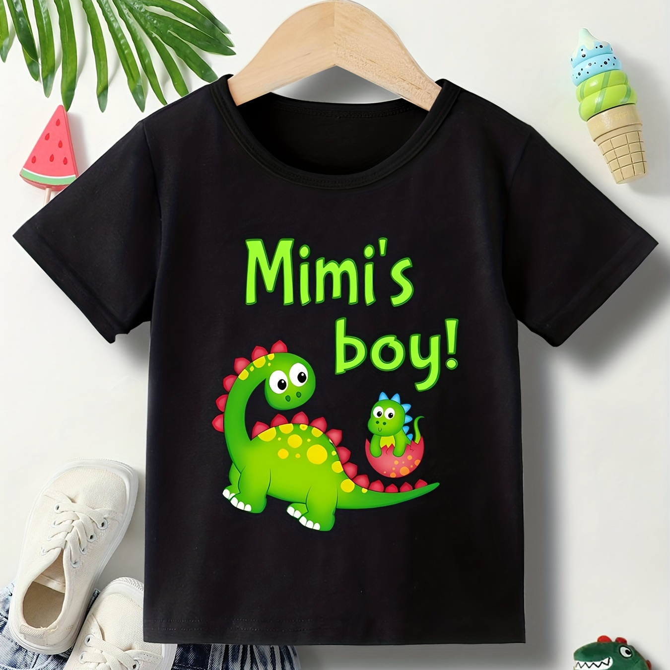 Cute Cartoon Dinosaur And MIMI'S BOY Letter Print Boys Creative T-shirt, Casual Lightweight Comfy Short Sleeve Tee Tops, Kids Clothings For Summer