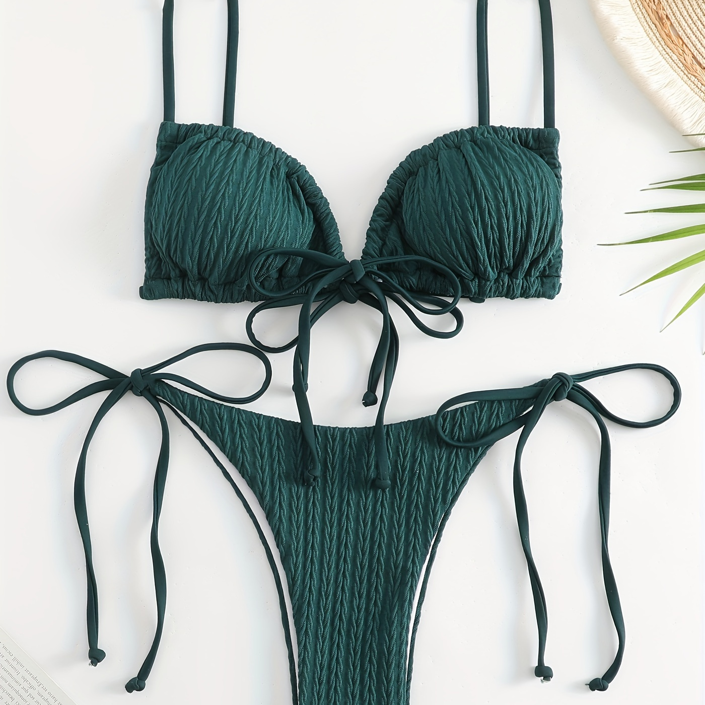 

Textura Fabric Tie Side Plain 2 Piece Set Bikini, Spaghetti Strap Tie Back Stretchy Green Swimsuits, Women's Swimwear & Clothing