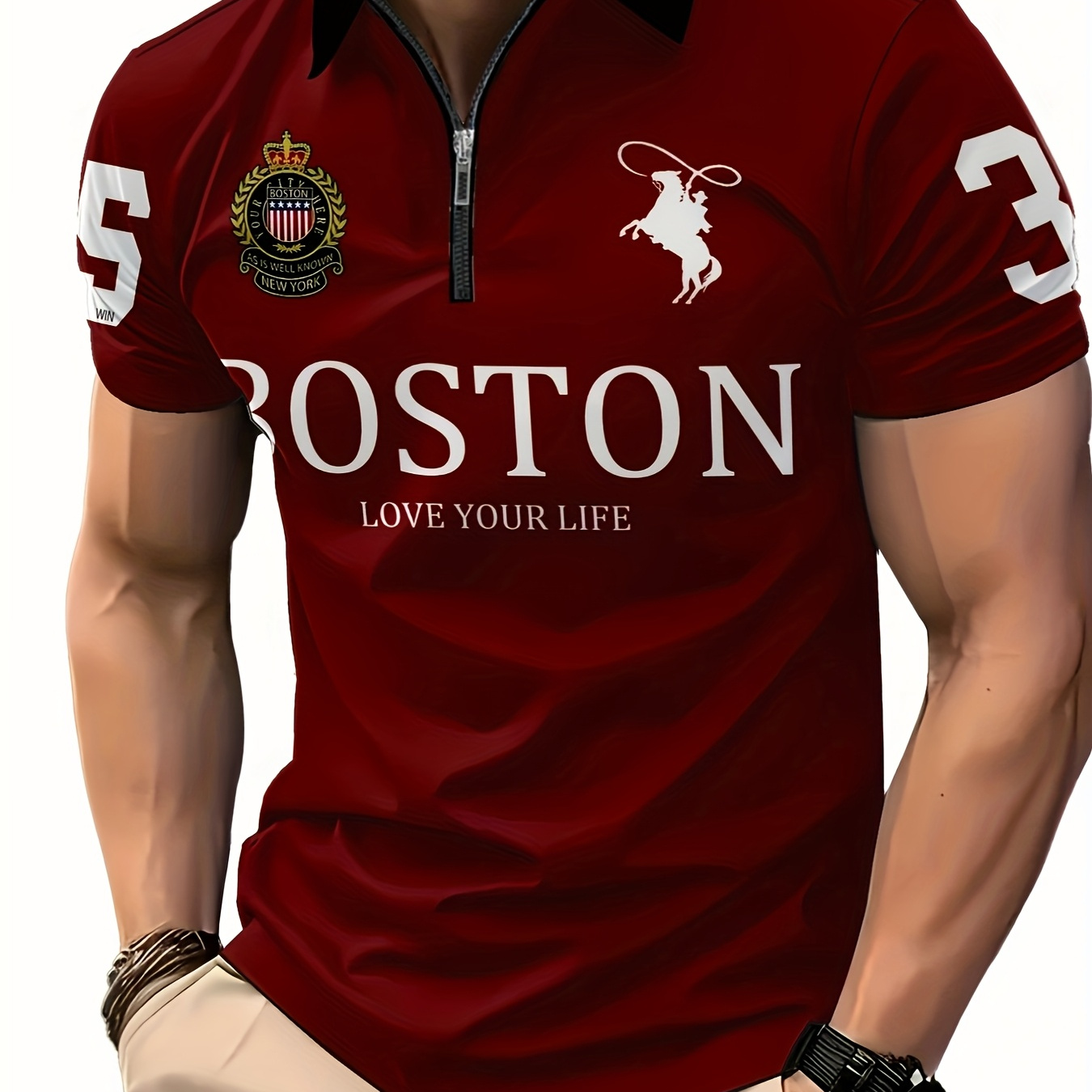 

Zippered Shirt| Men's Fashionable 3d Print Short-sleeve Zip-up Collar Shirt - Casual Summer Style With "boston" Graphic, Polyester, Maroon With White & Black Accents, Machine Washable