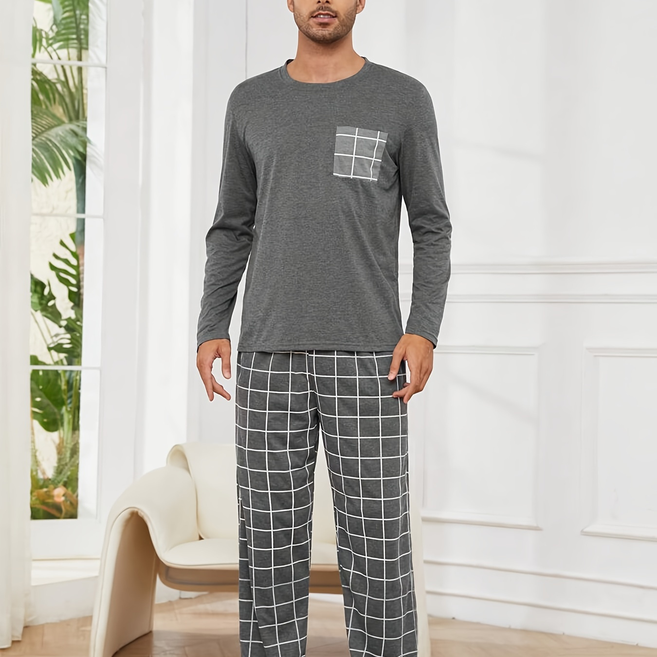 

Men's Casual Long Sleeve Crew Neck Pajama Set With Pocket, 100% Polyester Pajama Pants, Stretch Knit Fabric, All Season Sleepwear Set