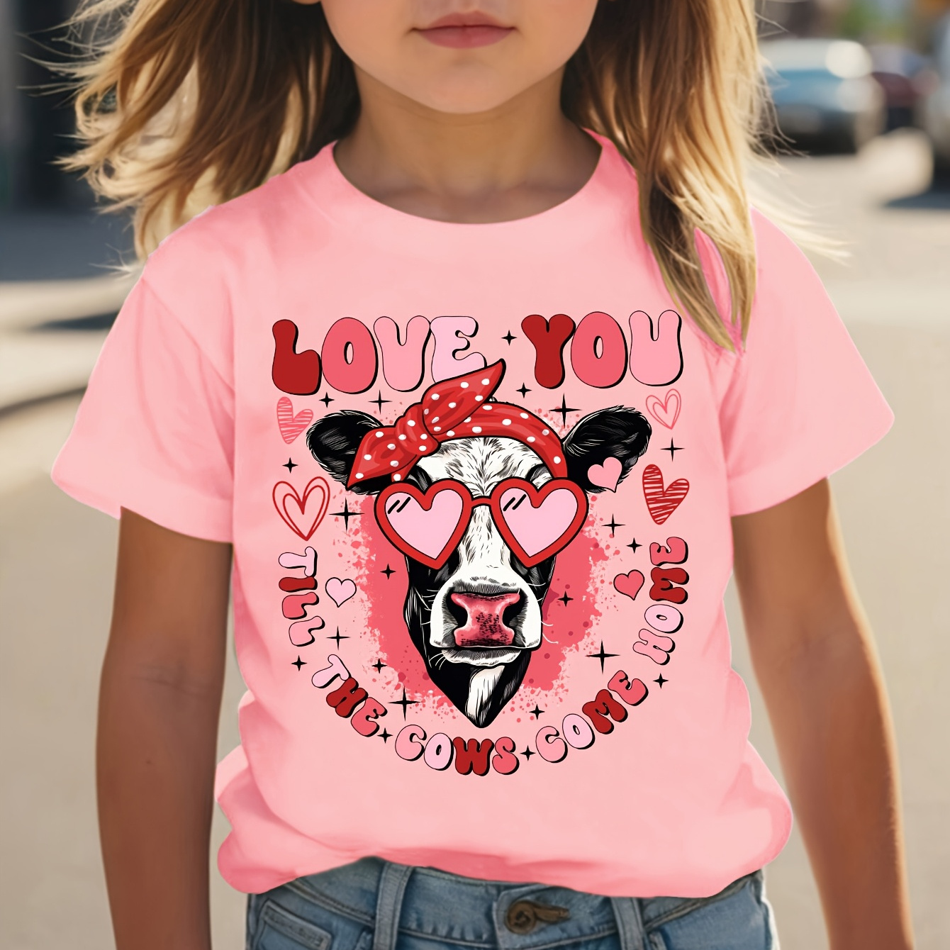 

1pc Chicfull Valentine's Day Girls' T-shirt, "love You Till The Cows " Print, Casual Crew Neck, Polyester Knit Fabric With Slight Stretch, Regular Fit, Animal Pattern Top For Spring/summer