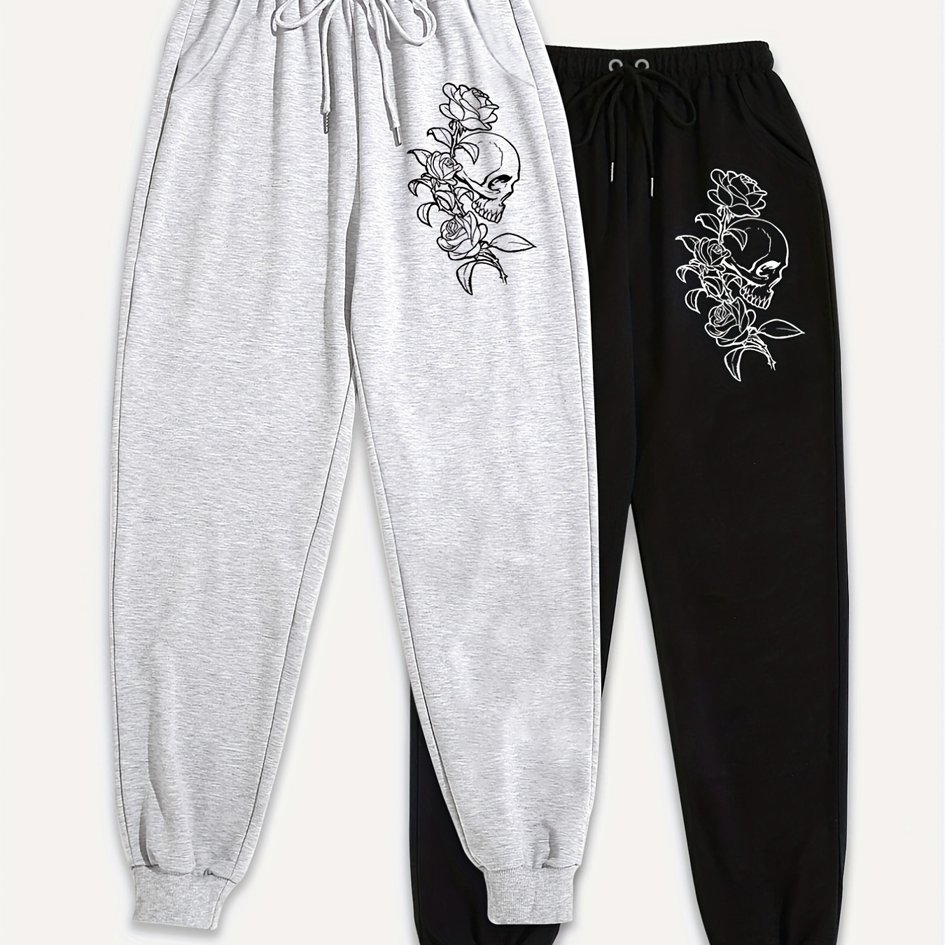 

Floral Skull Print Sweatpants 2 Pack, Drawstring Waist Comfy Casual Jogger Pants, Women's Clothing