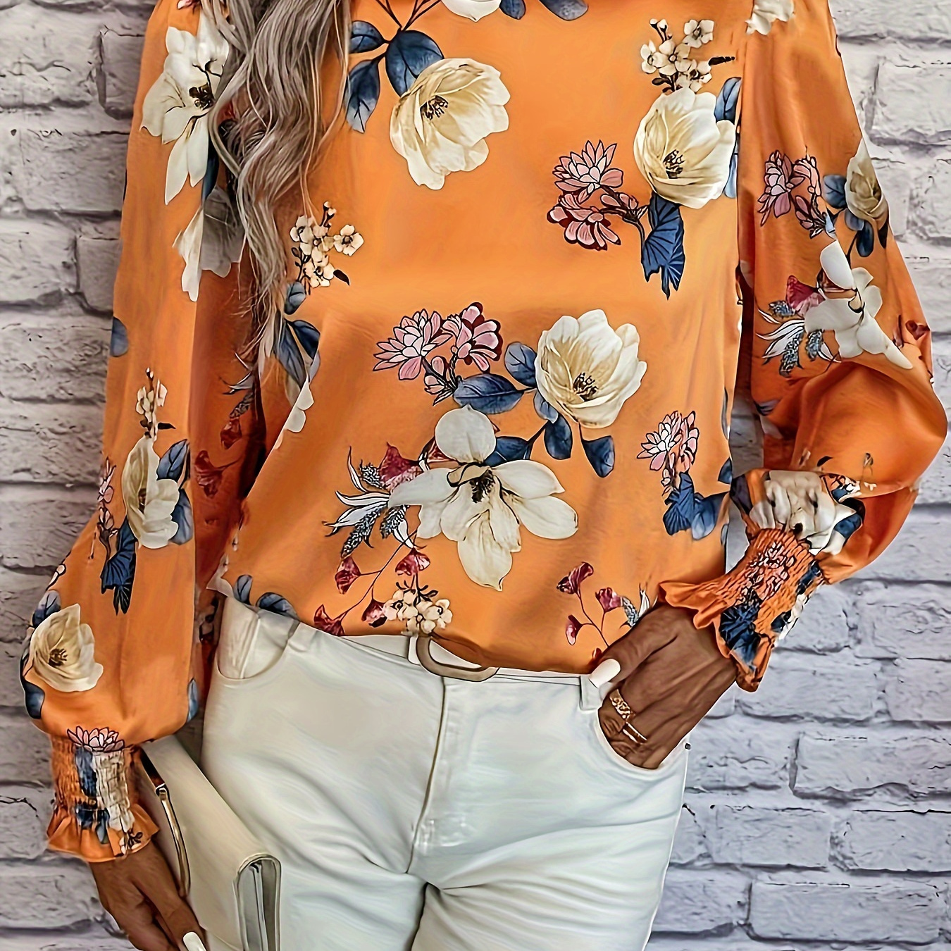 

Floral Print Mock Neck Blouse, Elegant Shirred Lantern Sleeve Ruffle Trim Top For Spring & Fall, Women's Clothing