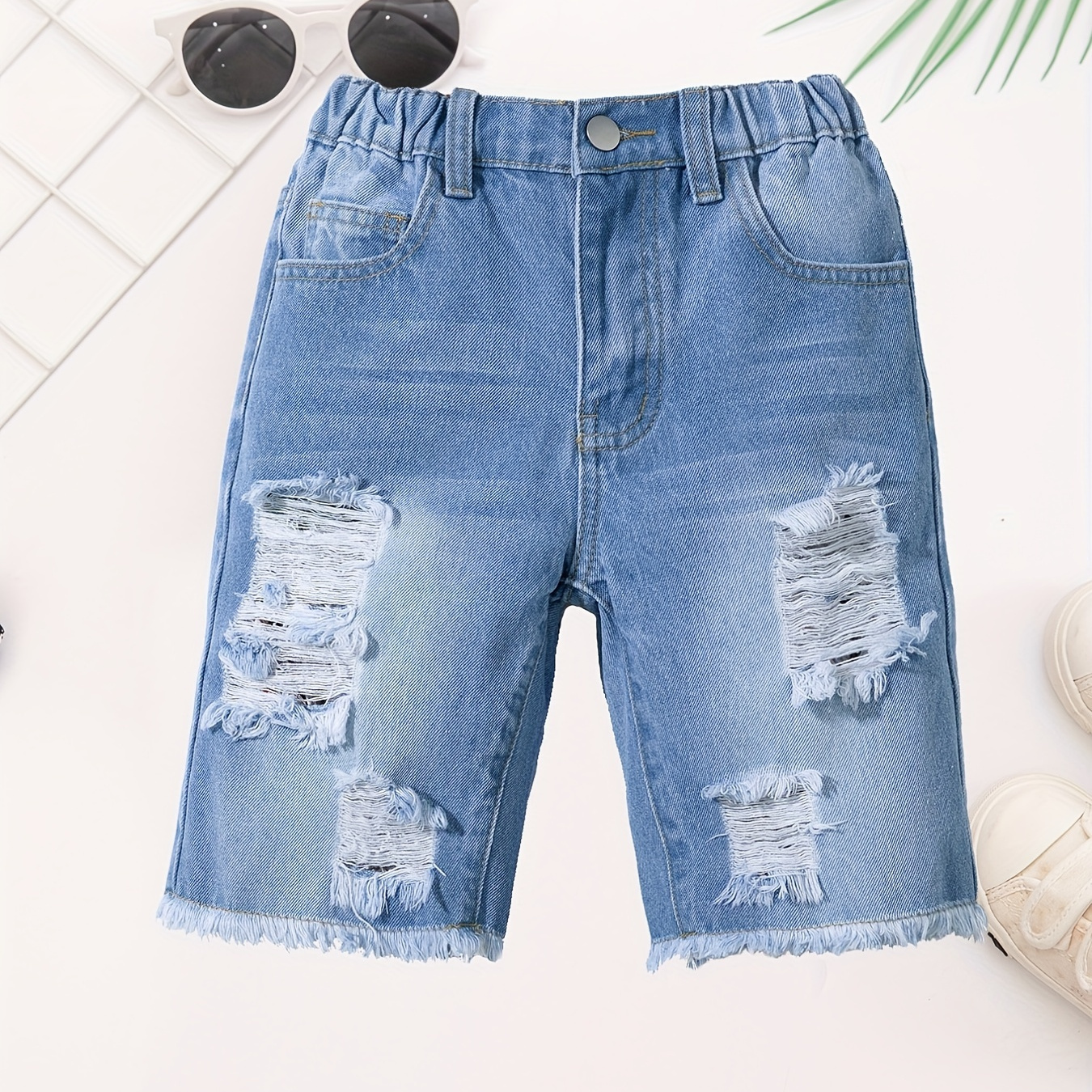 

Boy's Fashion Solid Ripped Denim Shorts For Summer, Kids Clothing Outdoor, As Gifts