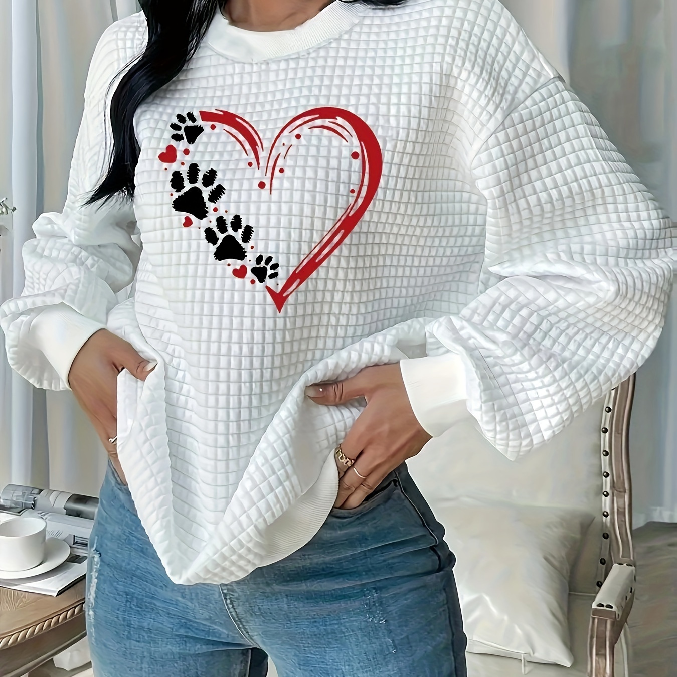 

Plus Size Casual Sweatshirt, Women's Plus Heart & Dog Paw Print Waffle Knit Long Sleeve Round Neck Slight Stretch Pullover Top