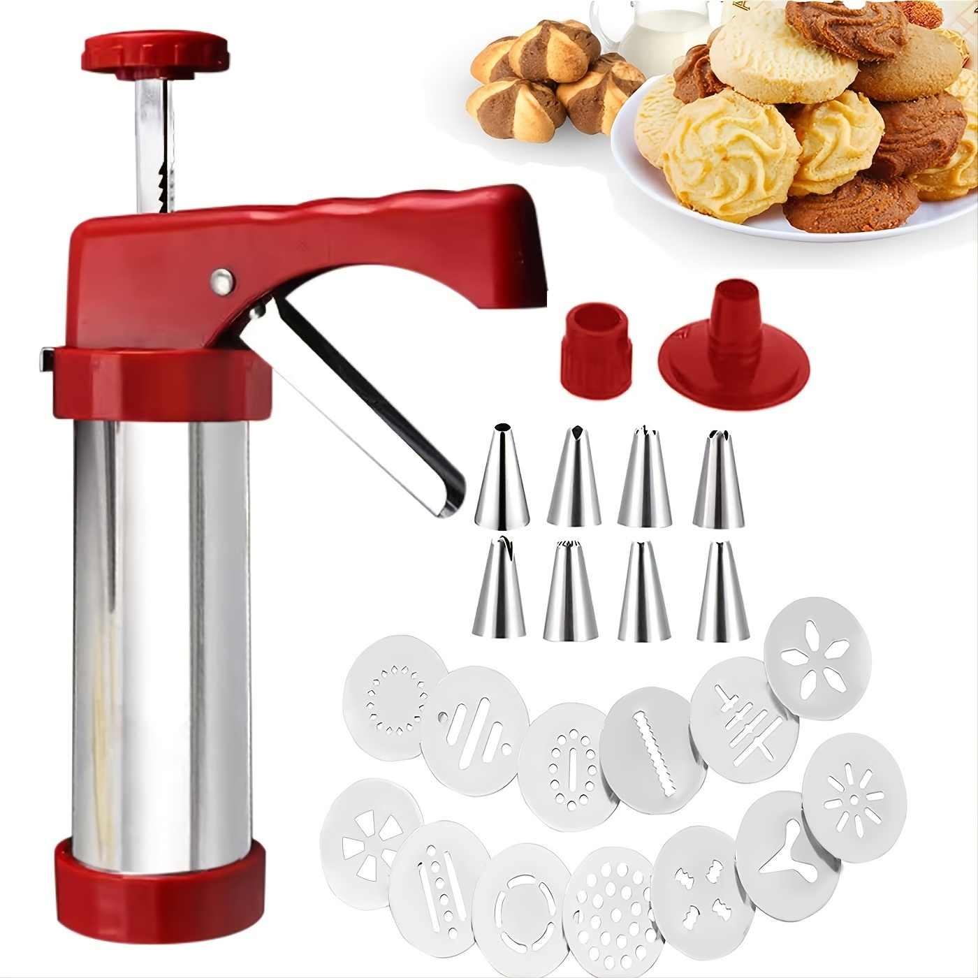 Cookie maker,Cookie Gun,Stainless Steel Biscuit Press Spritz Cookie press  Gun with 20 Cookie Discs and 4 Nozzles for DIY Biscuit Maker,cookie maker