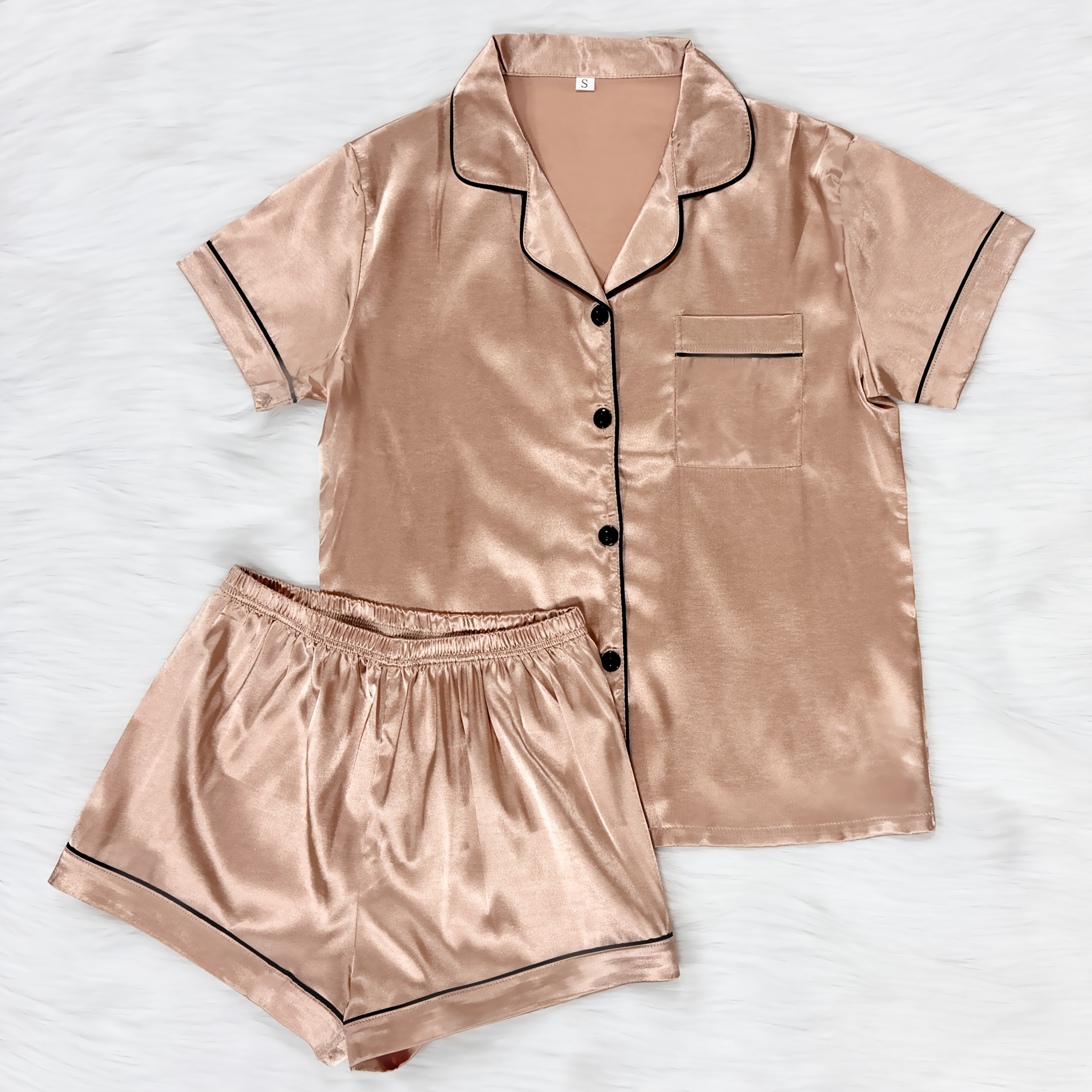 

Ensemble de pyjama décontracté en satin uni pour femme, haut à à boutons à manches courtes et short, coupe décontractée confortable