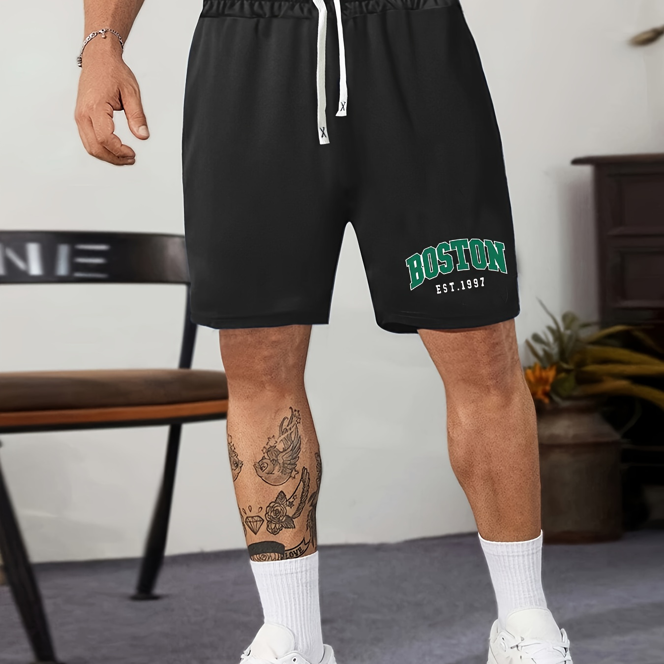 

Plus Size Men's Casual Shorts, Boston Letter Print Flat Front Shorts For Summer, Outdoor Sports