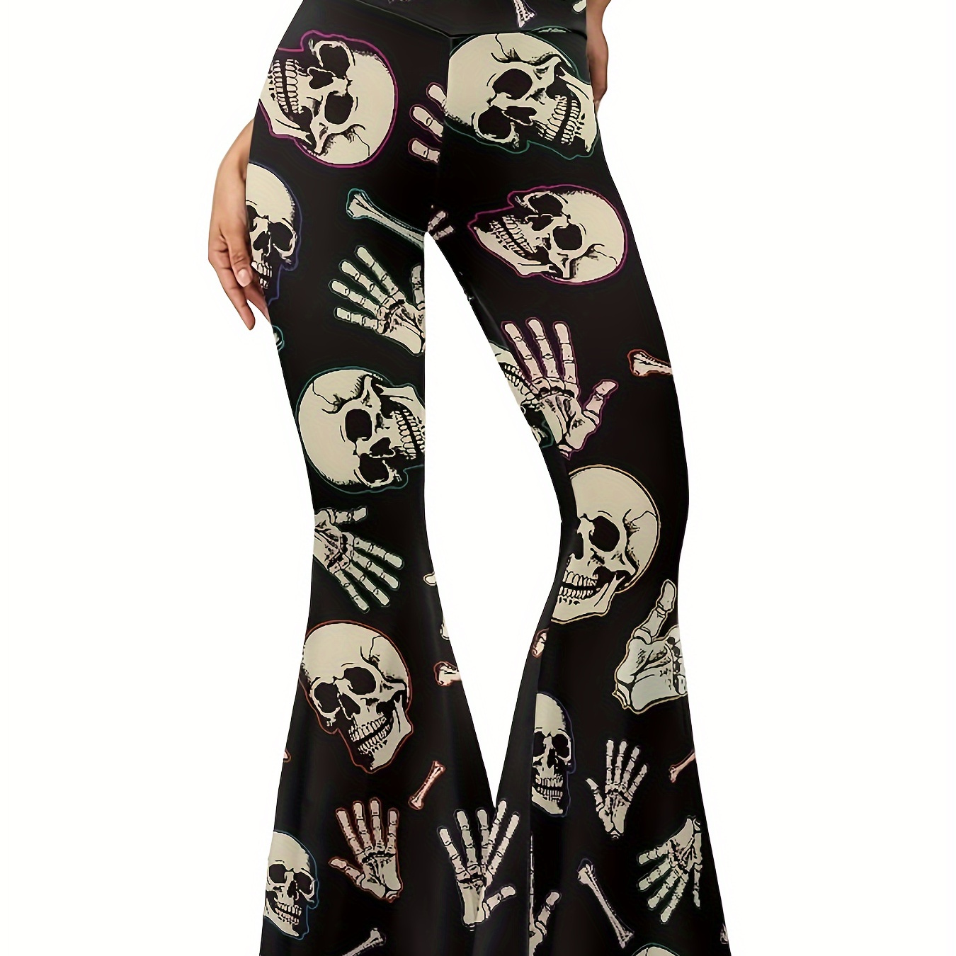 

Gothic Skull Print High-waist Stretchy Flare Pants For Women - Sexy, Machine Washable