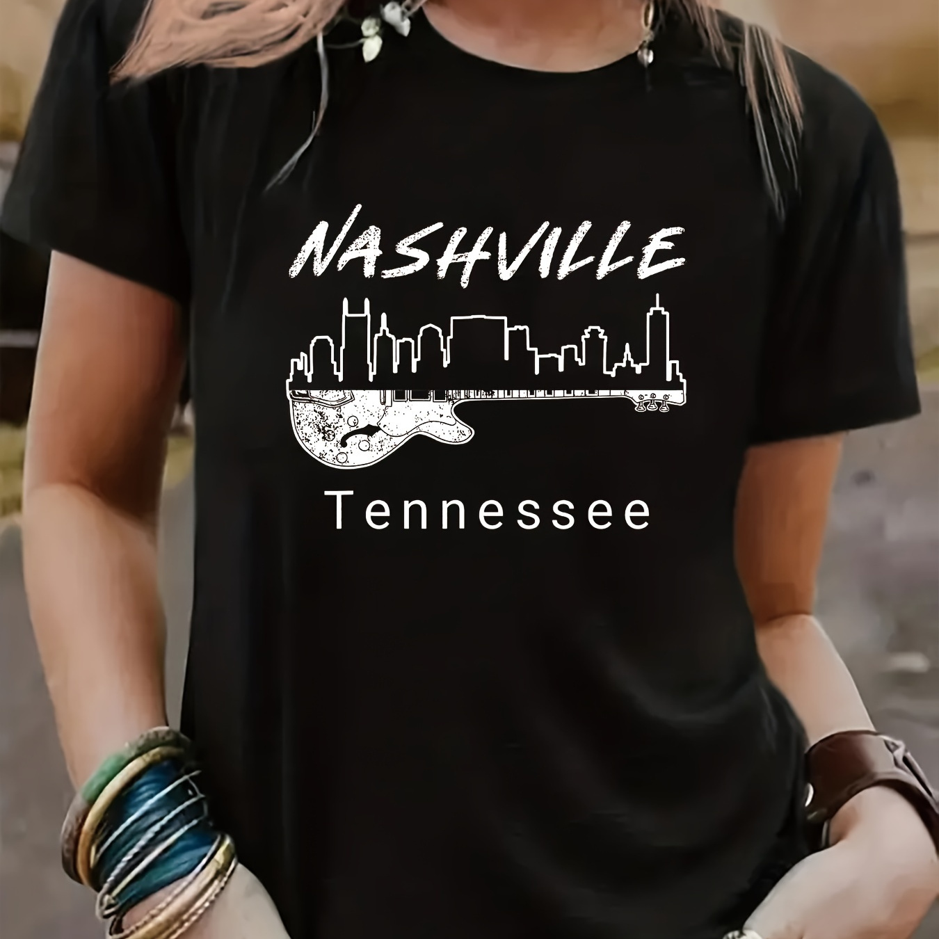 

Nashville Guitar Print Crew Neck T-shirt, Short Sleeve Casual Top For Summer & Spring, Women's Clothing