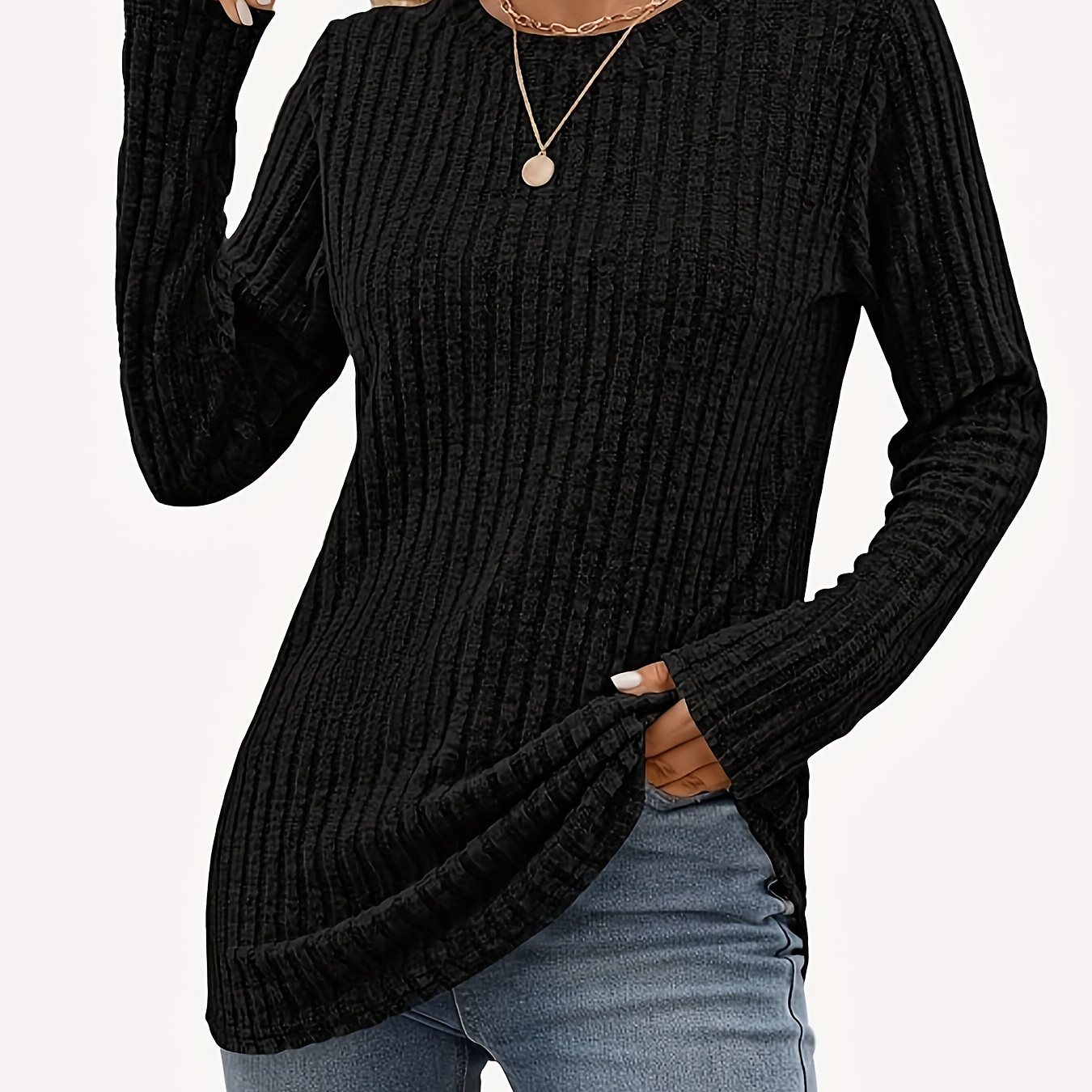 

1pc Elegant Polyester Crew Neck Long Sleeve T-shirt - Solid Color Ribbed Knit Pullover With High Stretch Fabric For Fall/winter