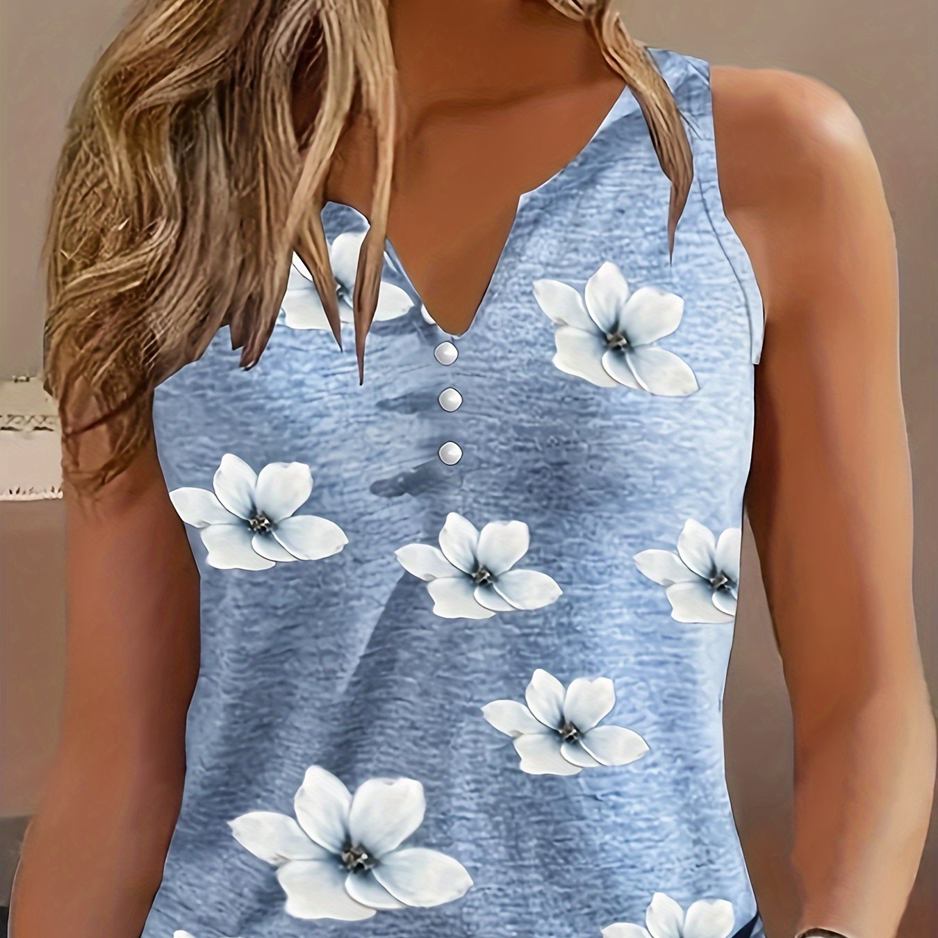 

Floral Print Notch Neck Tank Top, Casual Sleeveless Tank Top For Summer, Women's Clothing