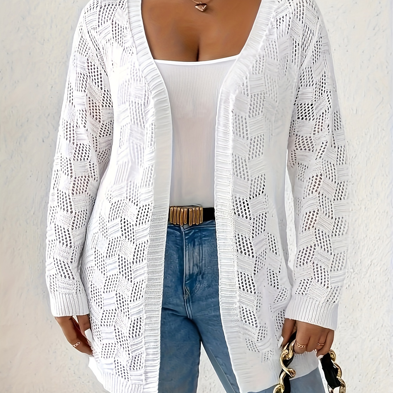 

Plus Size Hollow Out Knitted Cardigan, Casual Open Front Long Sleeve Cardigan For Spring, Women's Plus Size Clothing