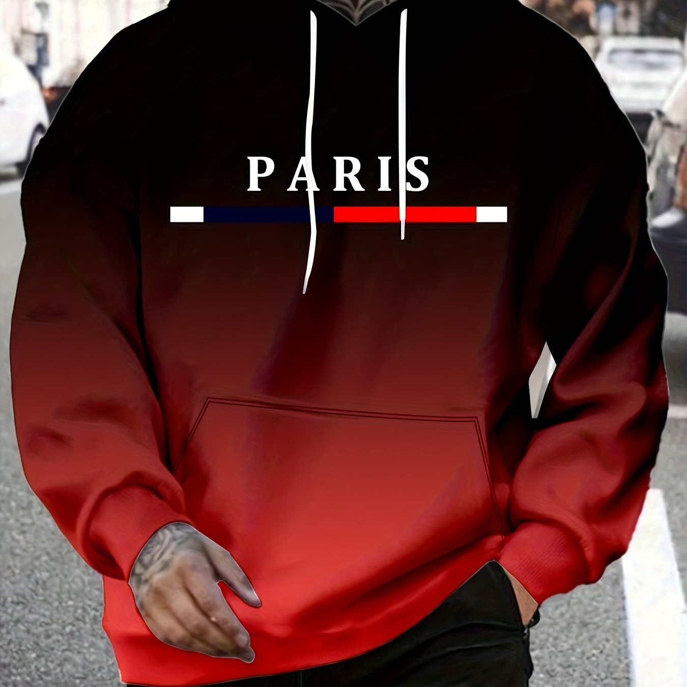 

Men's Fashion Gradient Paris Print Hoodie Sweatshirt - 100% Polyester Casual Hooded Pullover With Slight Stretch, Knit Fabric, Fall/, Ideal Gift For Men