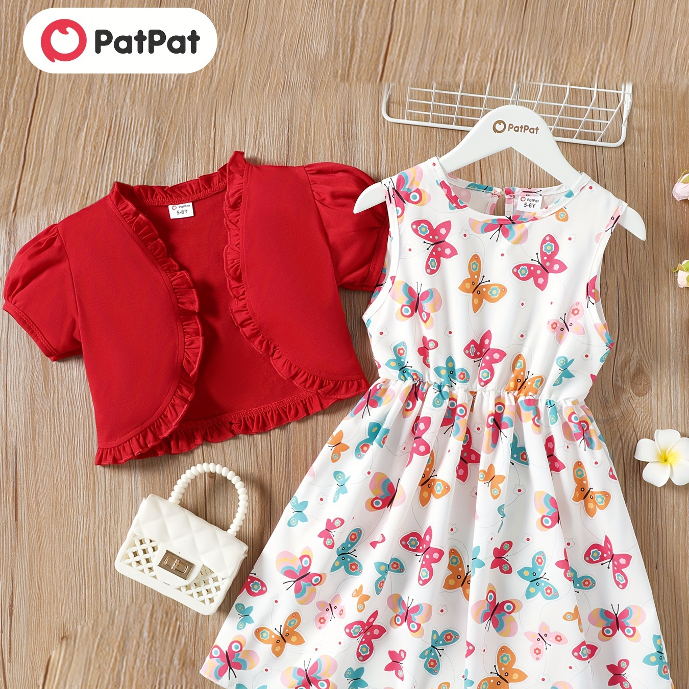 

Patpat 2pcs Kid Girl Short Sleeve Cardigan And Butterfly/floral Print Tank Dress Set, Kids Clothes For Summer