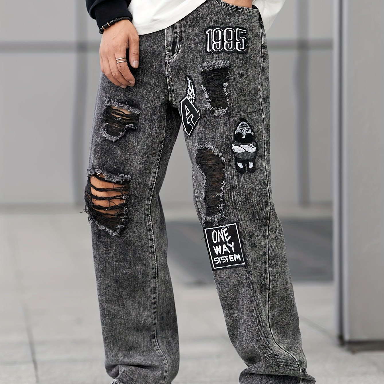 

Fashion Embroidered Design, Men's Loose Fit Wide Leg Ripped Jeans, Men's Stylish Comfy Denim Pants, Street Style Fashion