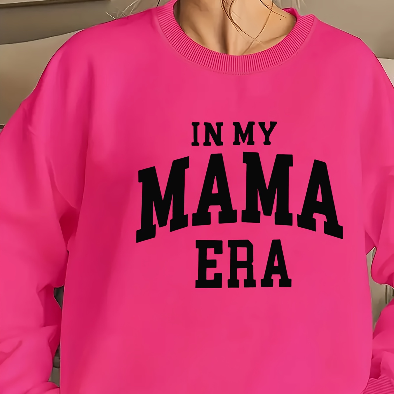 

Casual Crew Neck Sweatshirt For Women - 100% Polyester Long Sleeve Pullover With "in My Mama Era" Print, Knit Fabric, Regular Fit Fashion Top For All Seasons