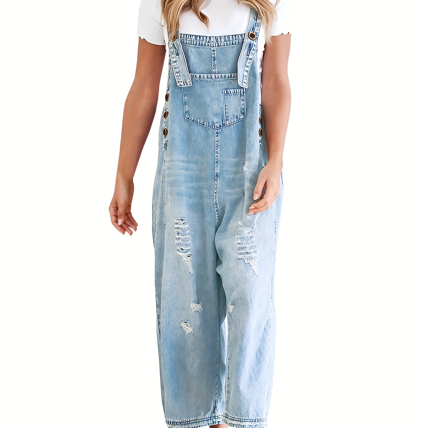 

Ripped Distressed Style Loose Washed Blue Denim Overalls , Women's Denim Jeans & Clothing