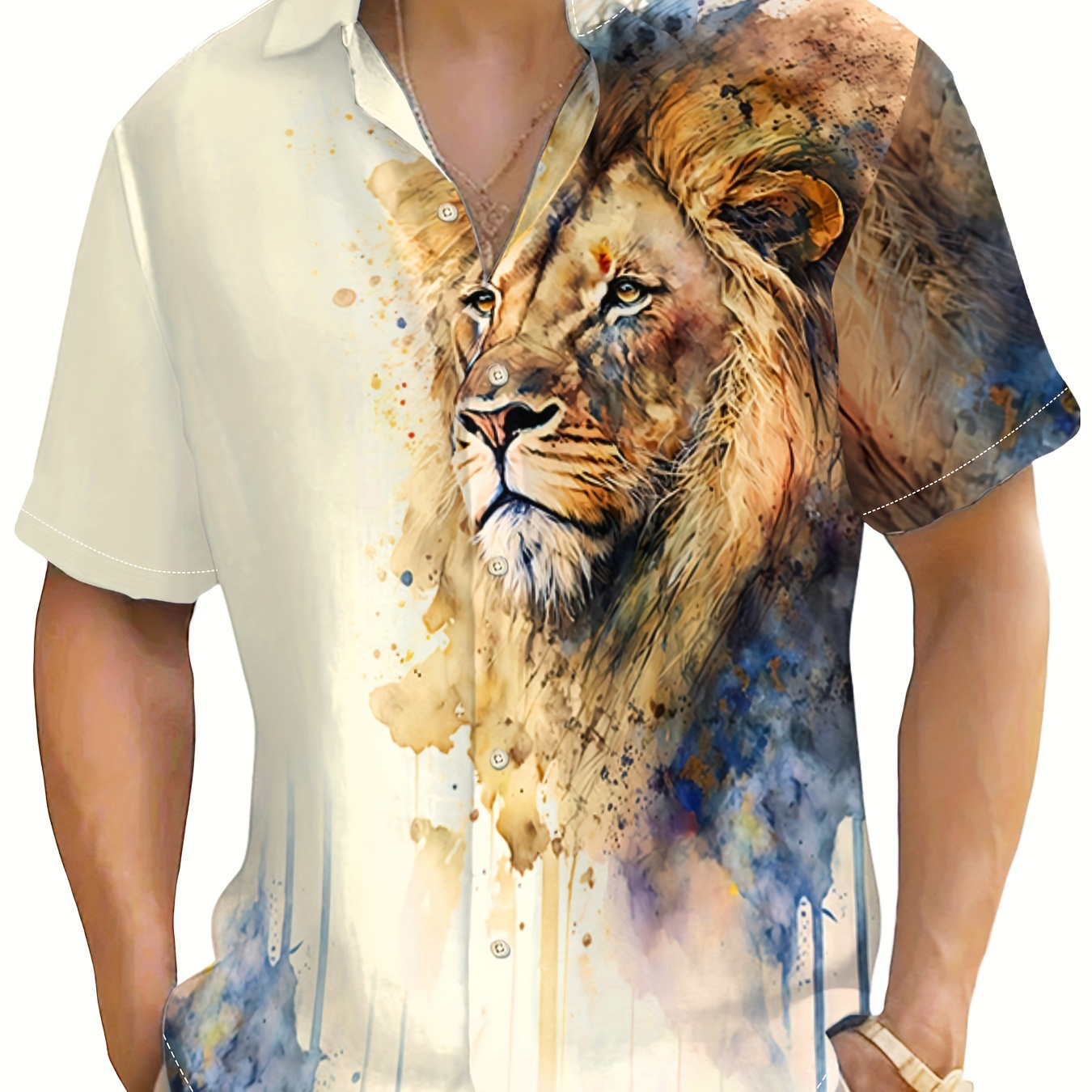 

Men's 3d Lion Face Pattern Print Short Sleeve Lapel Shirt Top, Casual Button Up Shirt For Summer And Vacation Resorts