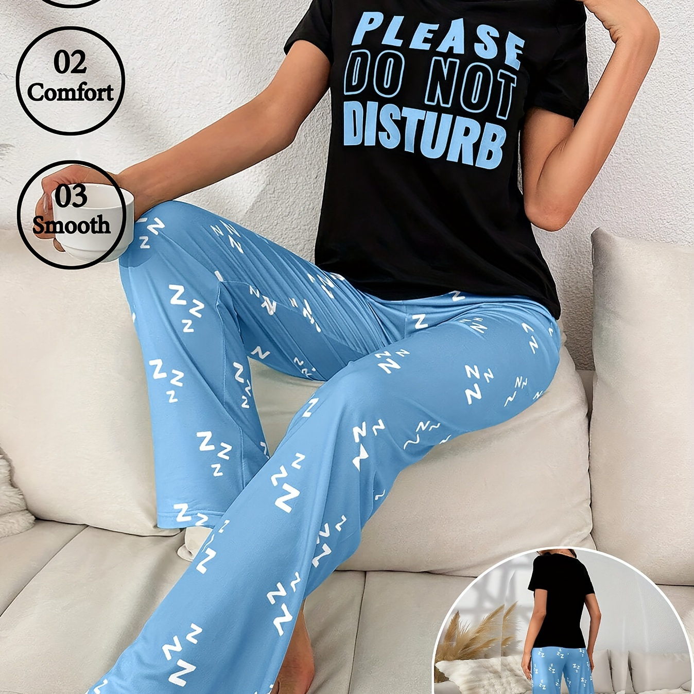 

Elegant Casual Pajama Sets For Women - 95% Polyester 5% Elastane, Crew Neck, Short Sleeve With Slogan Print, Fit With Waistband, Long Knit Sleepwear Pants, All Season Collection