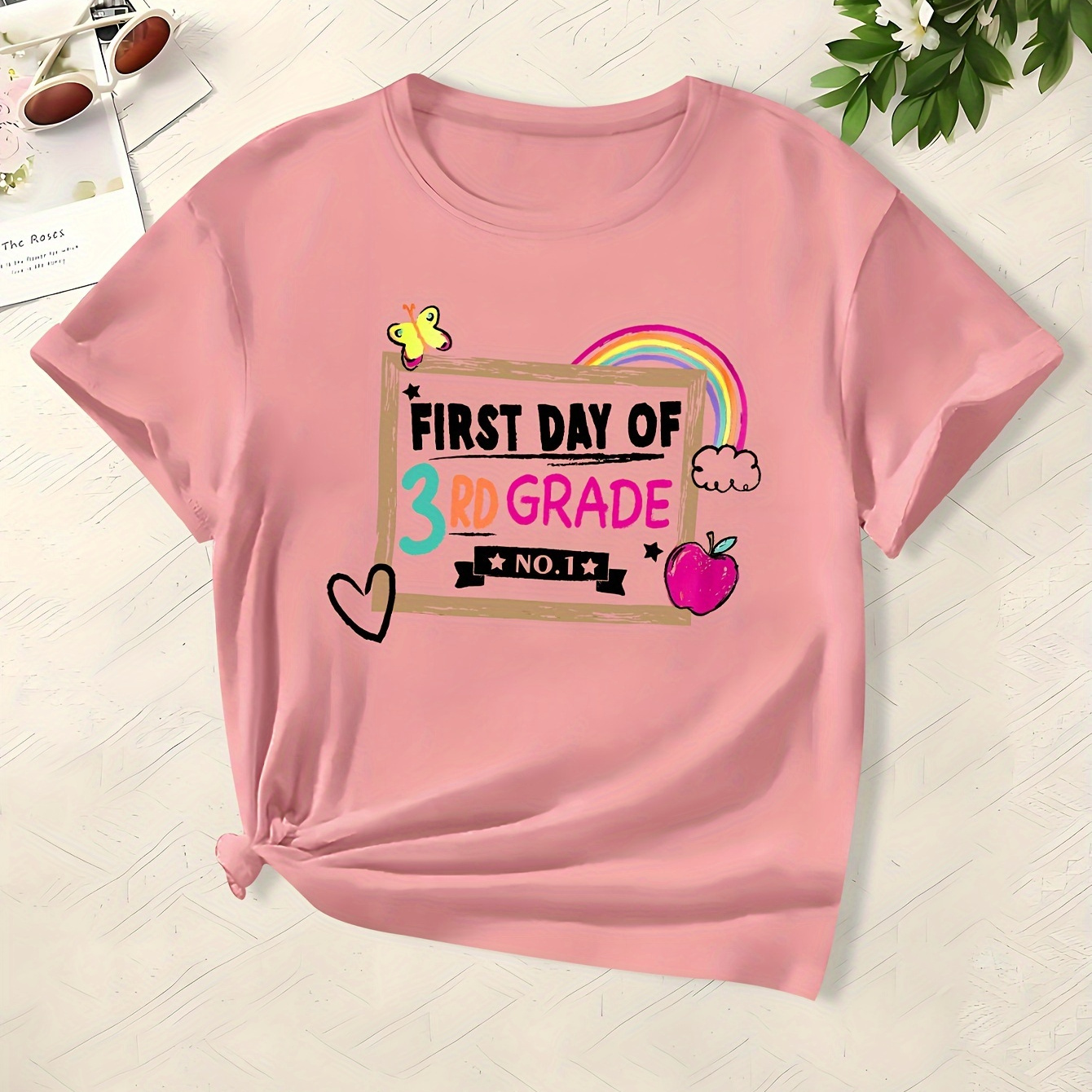 

First Day Of 3rd Grade Design Print, Girl's Casual Comfy Round Neck Short Sleeve T-shirt For Daily And Outdoor Wear