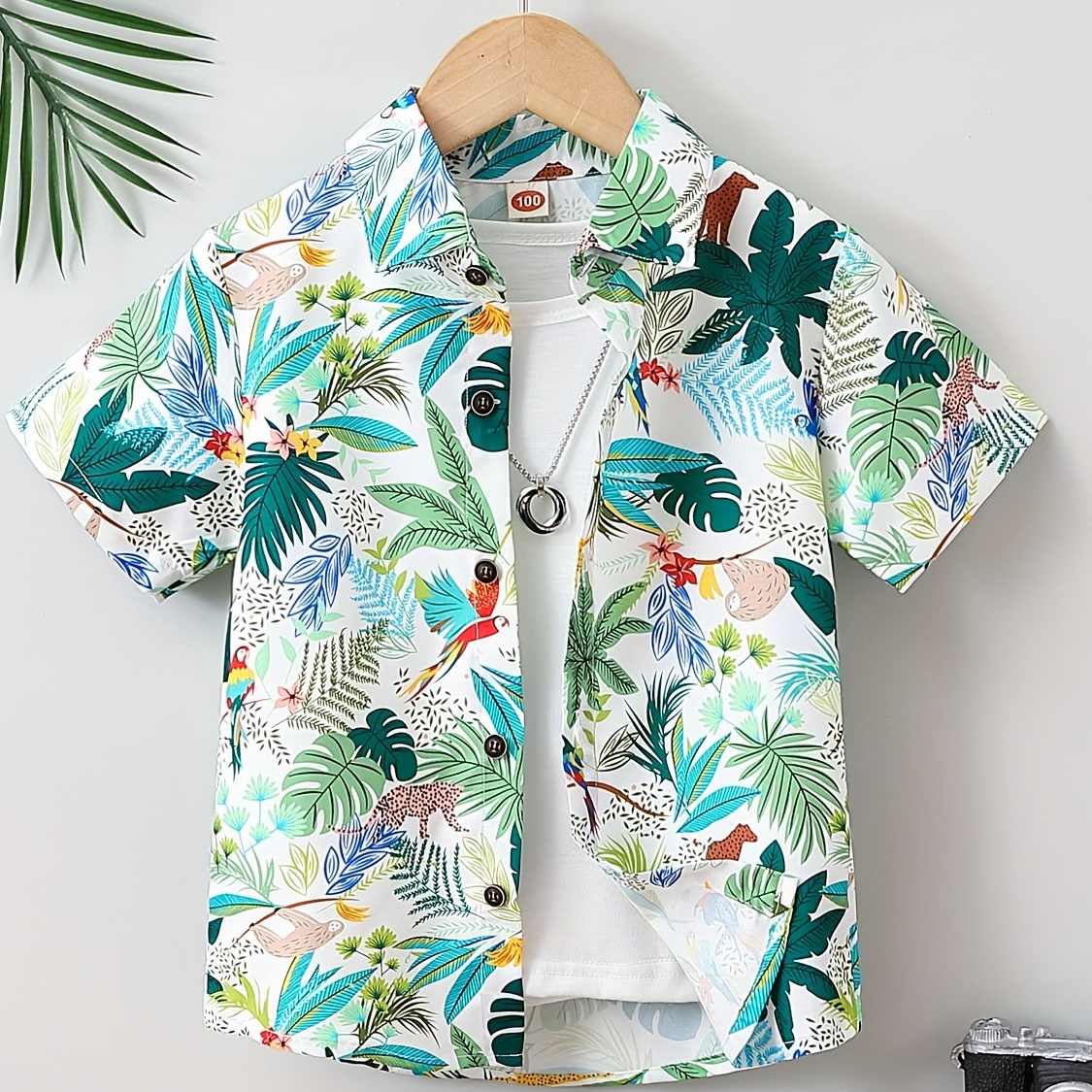 

Cartoon Tropical Leaves Print Boys Creative Shirt, Casual Short Sleeve Lapel Shirt Tops, Boys Clothes For Summer Outdoor