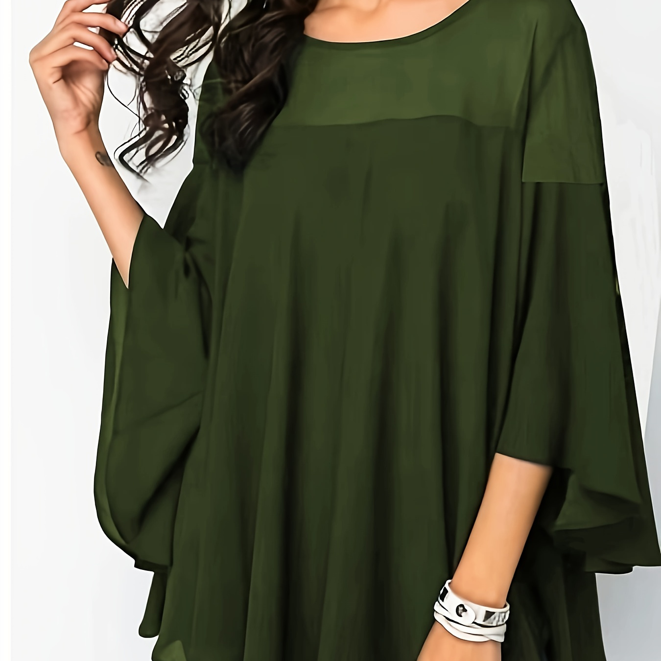 TEMU Plus Size Asymmetrical Hem Blouse, Casual Solid Crew Neck Blouse For Spring, Women's Plus Size Clothing