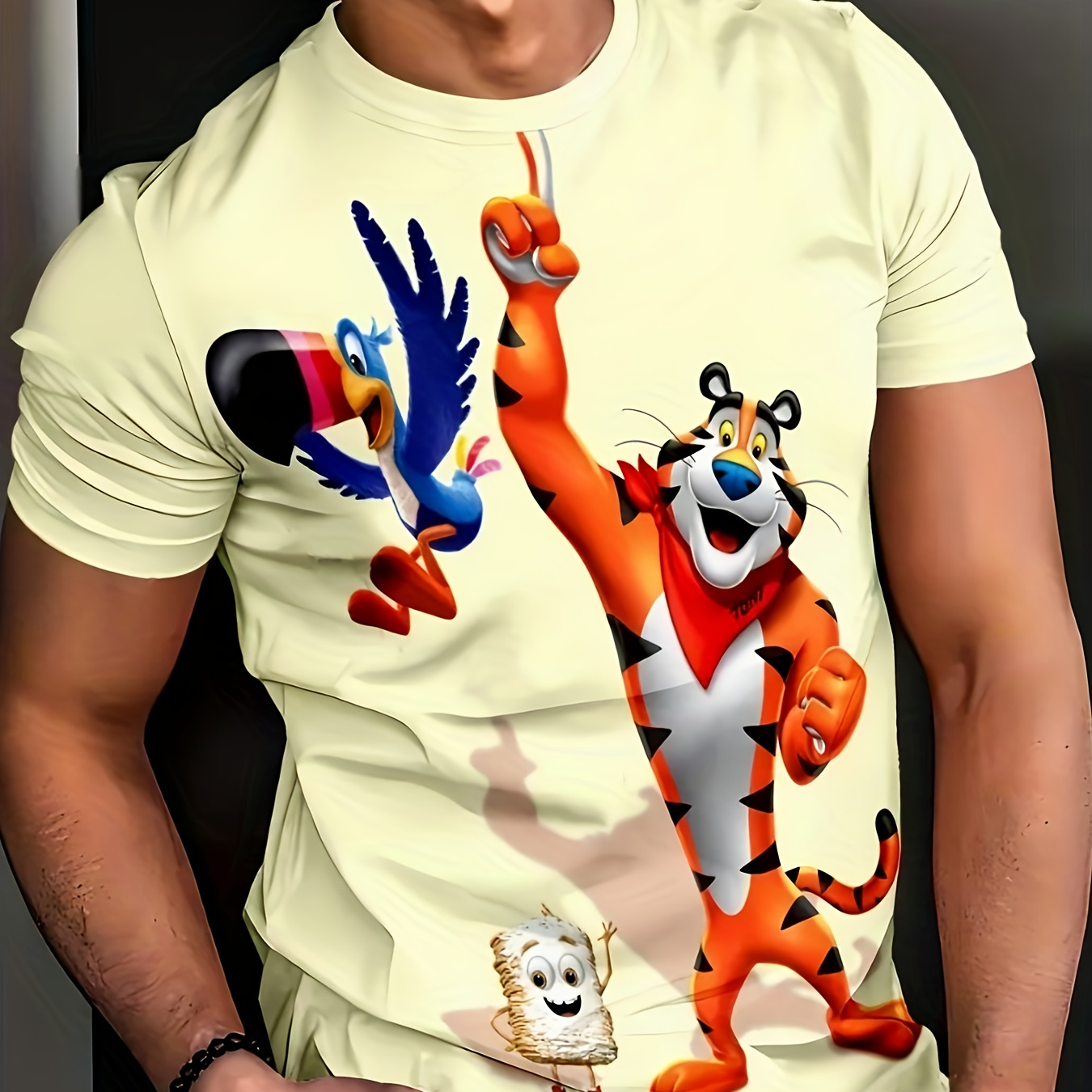 

Men's Casual Graphic T-shirt With Vibrant Cartoon Print - Short Sleeve, Round Neck, Polyester , Summer Wear, Design, Lightweight &