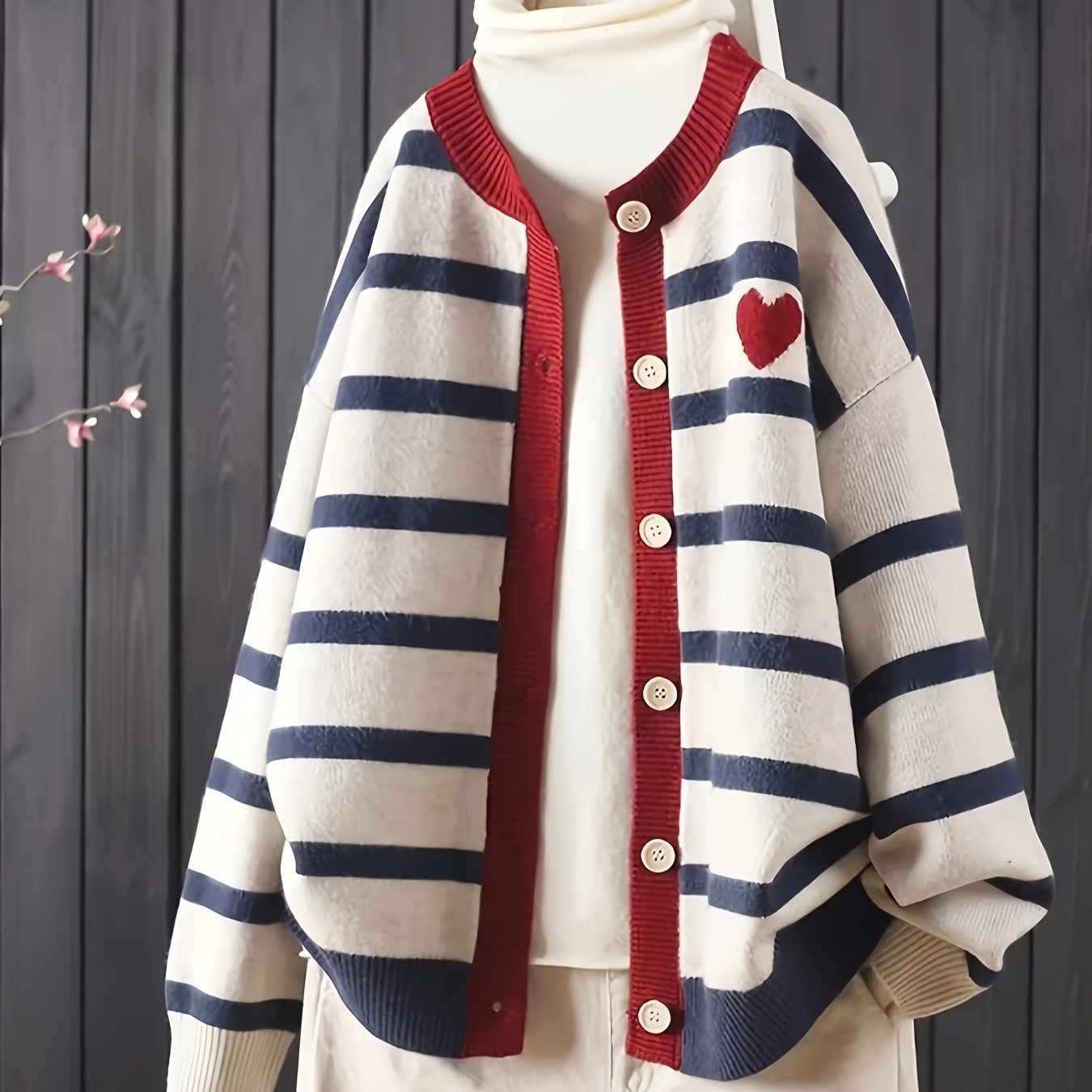 

1pc Women's Casual Striped Knit Cardigan Sweater - Viscose 50%, Polyester 30%, Nylon 20% , Crew Neck, Long Sleeve, Knit Fabric Outerwear