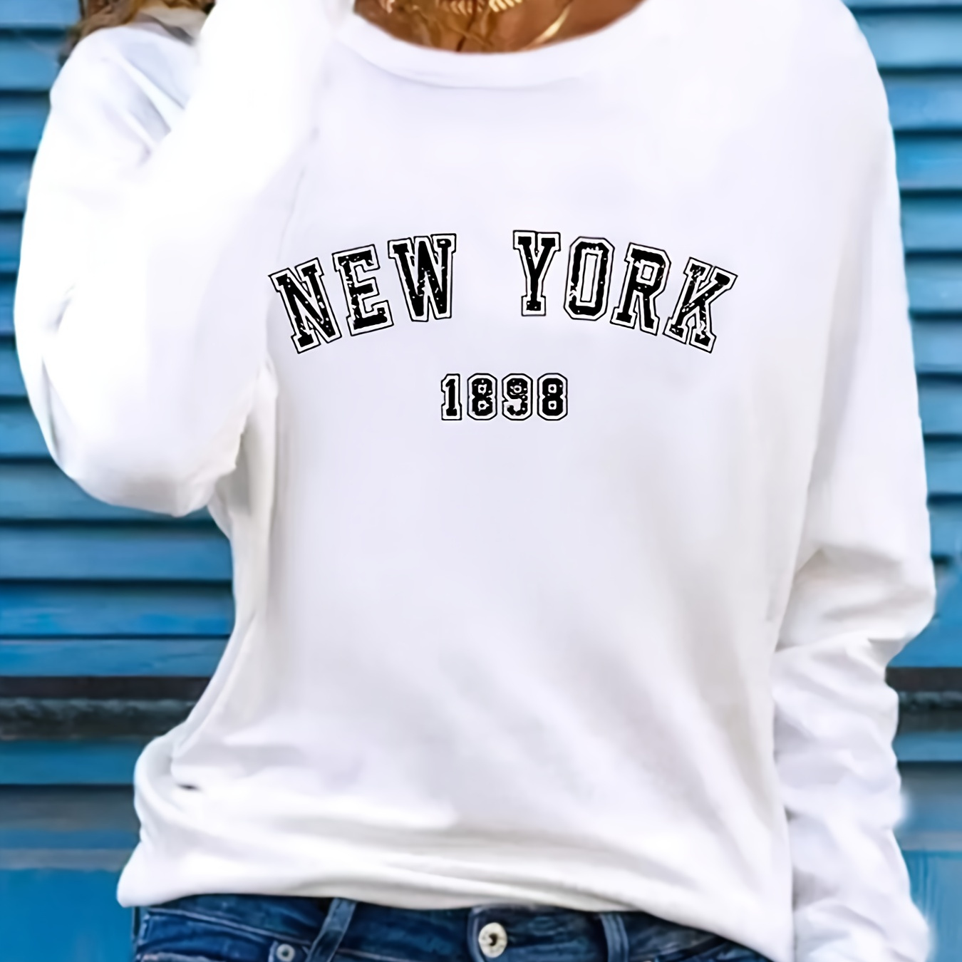 

Letter Neck T-shirt, Casual Long Sleeve Top For Spring & Fall, Women's Clothing