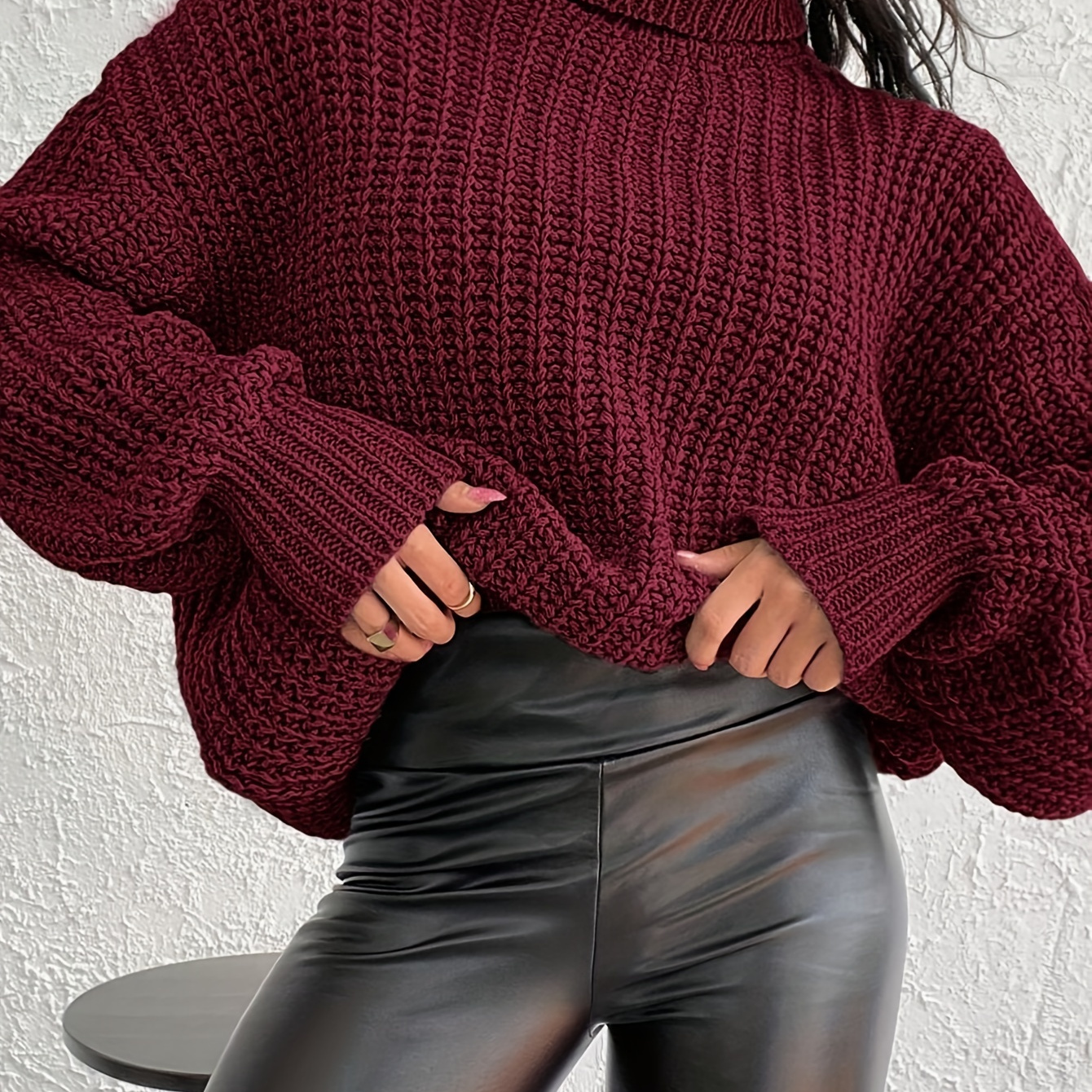 

Chandail tricoté col uni élégant - Pullover en polyester à manches longues avec ourlet et silhouette décontractée pour toutes les