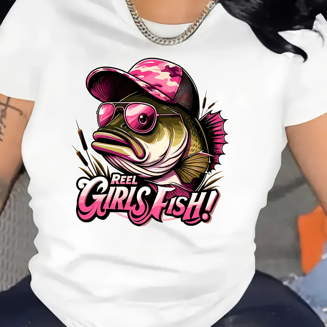 

Fish & Letter Print T-shirt, Casual Crew Neck Short Sleeve T-shirt For , Women's Clothing