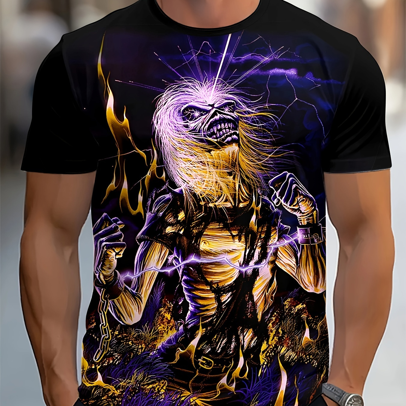 

Skeleton Print Men's Crew Neck Fashionable Short Sleeve Sports T-shirt, Comfortable And Versatile, For Summer And Spring, Athletic Style, Comfort Fit T-shirt, As Gifts