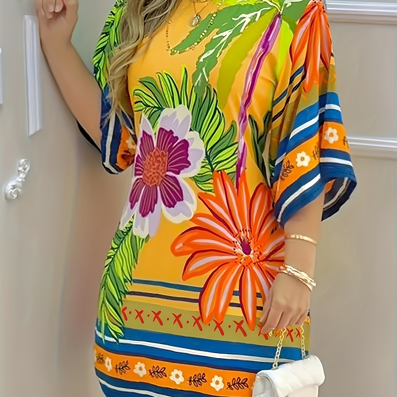 

Plus Size Casual Dress, Women's Plus Floral Print Half Sleeve Round Neck Slight Stretch Tee Dress