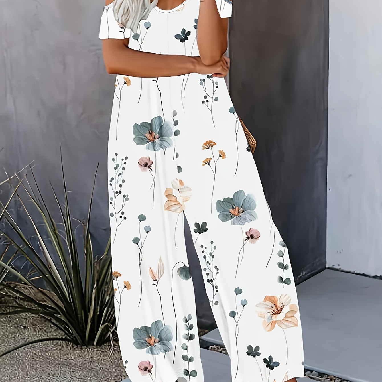 

Floral Print Wide Leg Jumpsuit, Casual Cold Shoulder Short Sleeve Jumpsuit For Spring & Summer, Women's Clothing