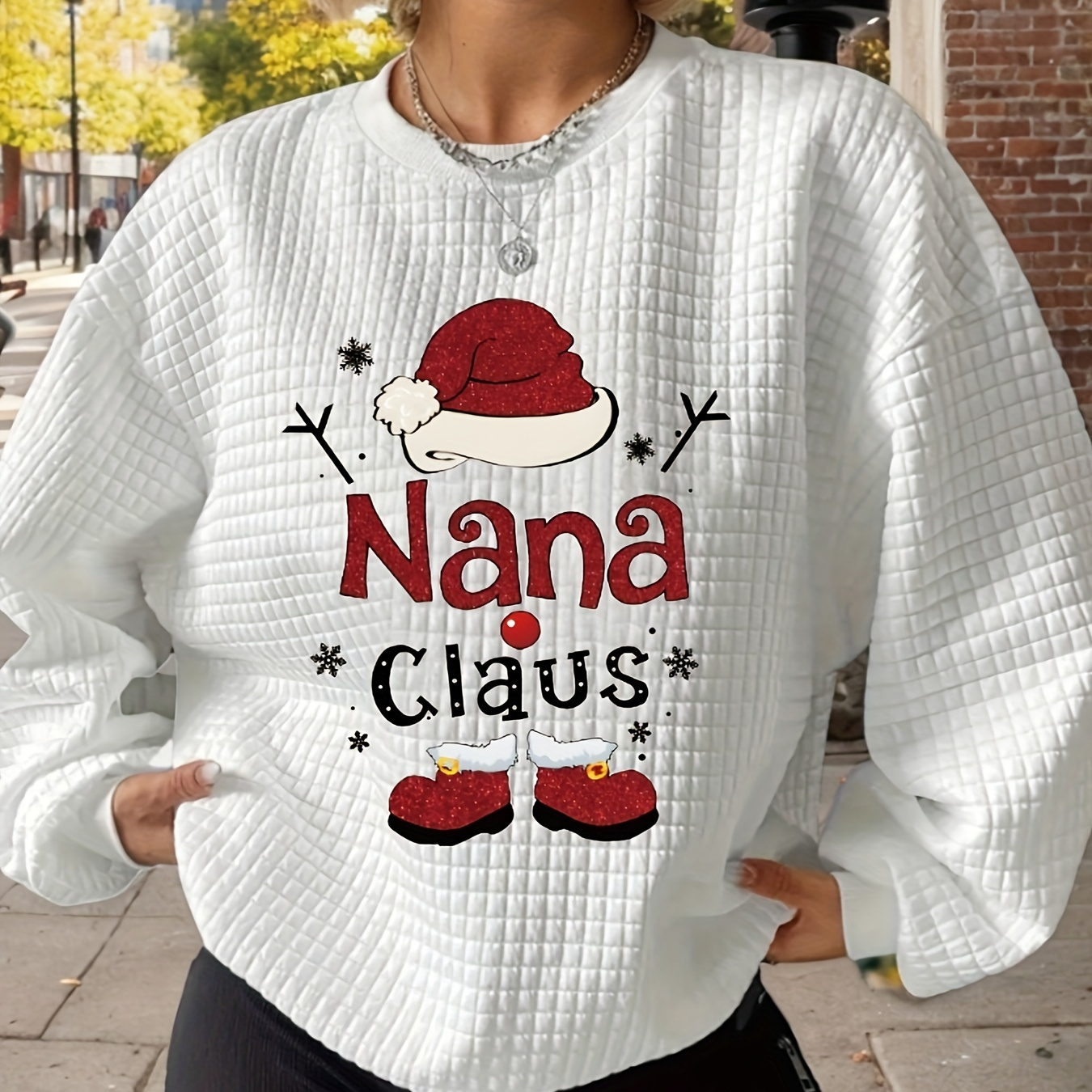 

Women's Christmas " Claus" Printed Casual Textured Quilted Sweatshirt - Polyester , Crew Neck, Long Sleeve, Knit Fabric For Fall/winter