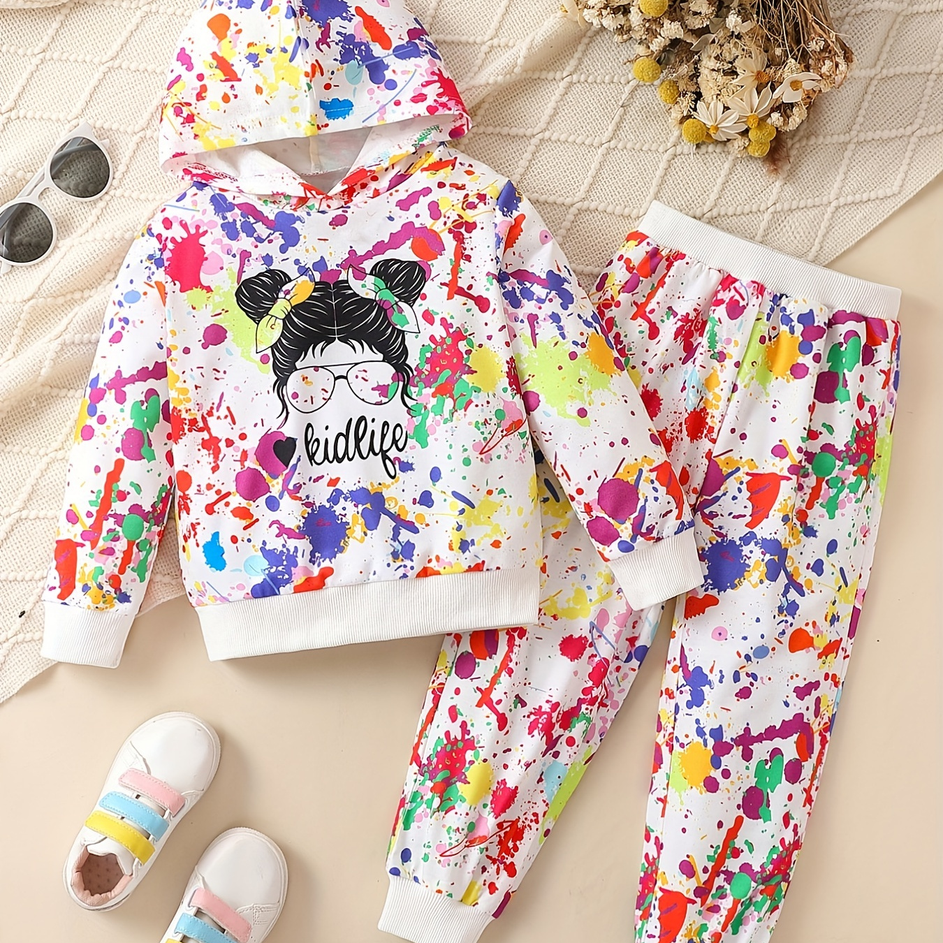 

Girl's Paint Splash Pattern 2pcs, Cartoon Girl Print Hoodie & Sweatpants Set, Street Style Casual Outfits, Kids Clothes For Spring Fall