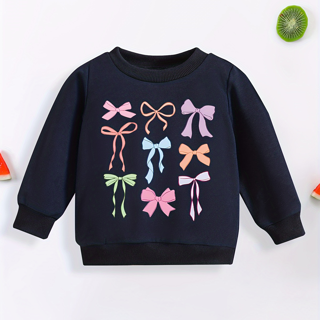 

Adorable Cartoon Bow Print Long Sleeve Sweatshirt For Girls - Cozy Polyester Blend, Perfect For Spring & Fall