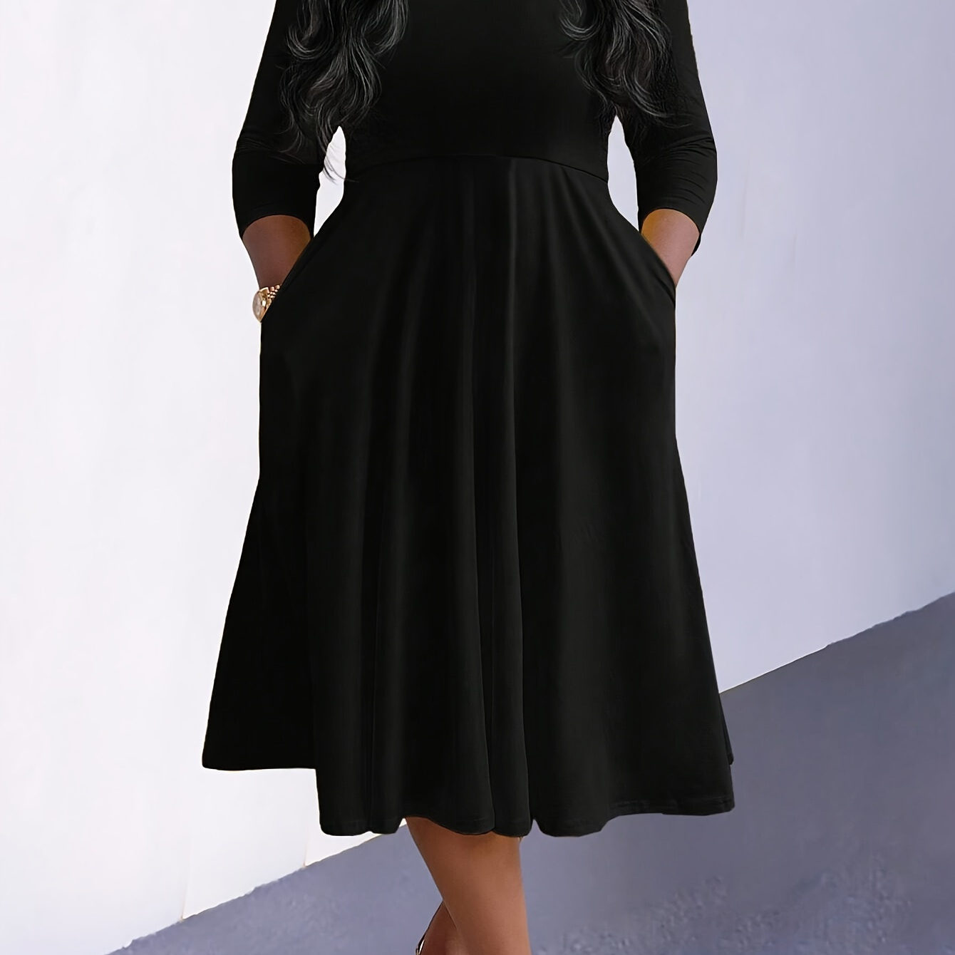 

Plus Size Solid Color Dress, Casual Long Sleeve Crew Neck Dress For Spring & Fall, Women's Plus Size Clothing