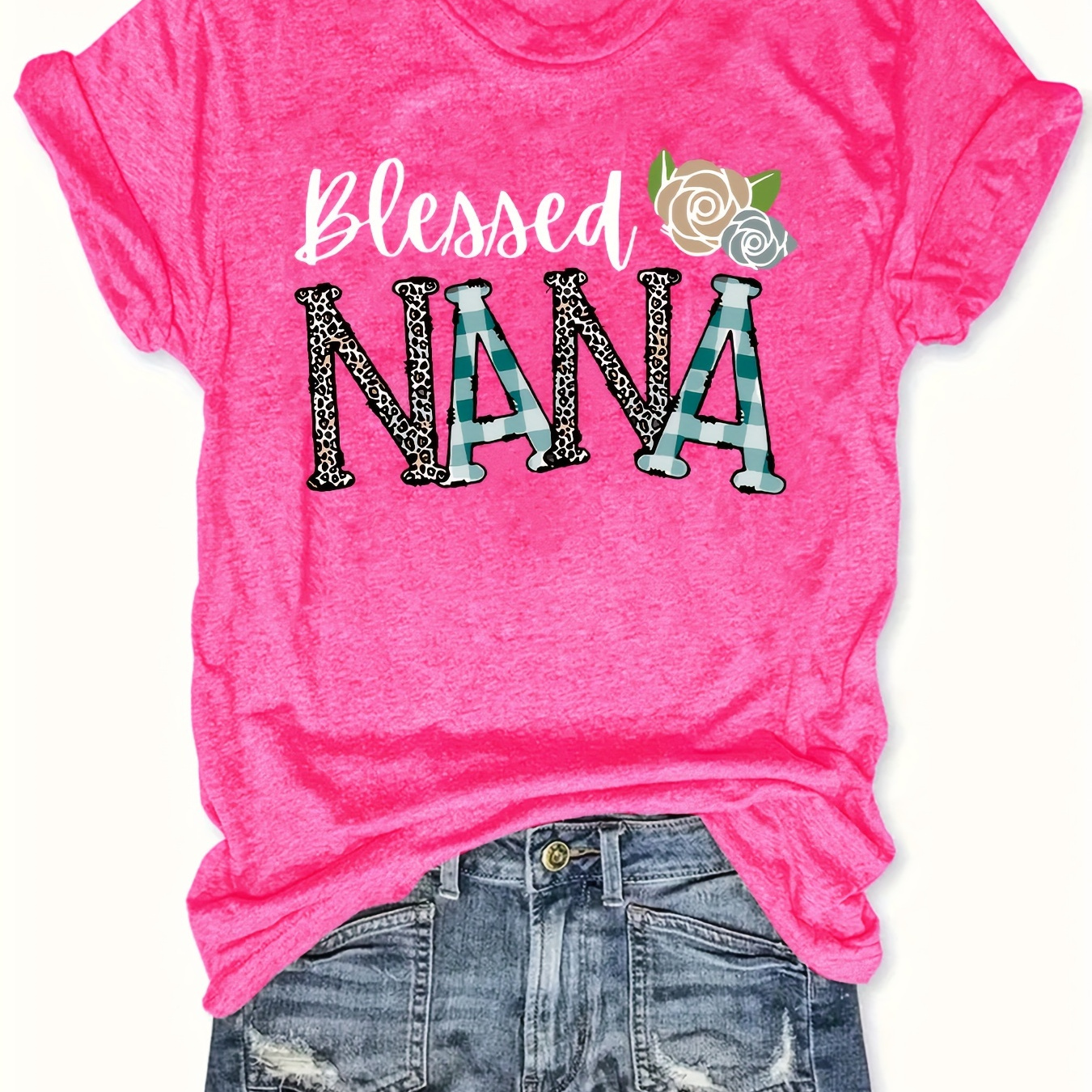 

Plus Size Letter Nana Print T-shirt, Casual Short Sleeve Top For Spring & Summer, Women's Plus Size Clothing