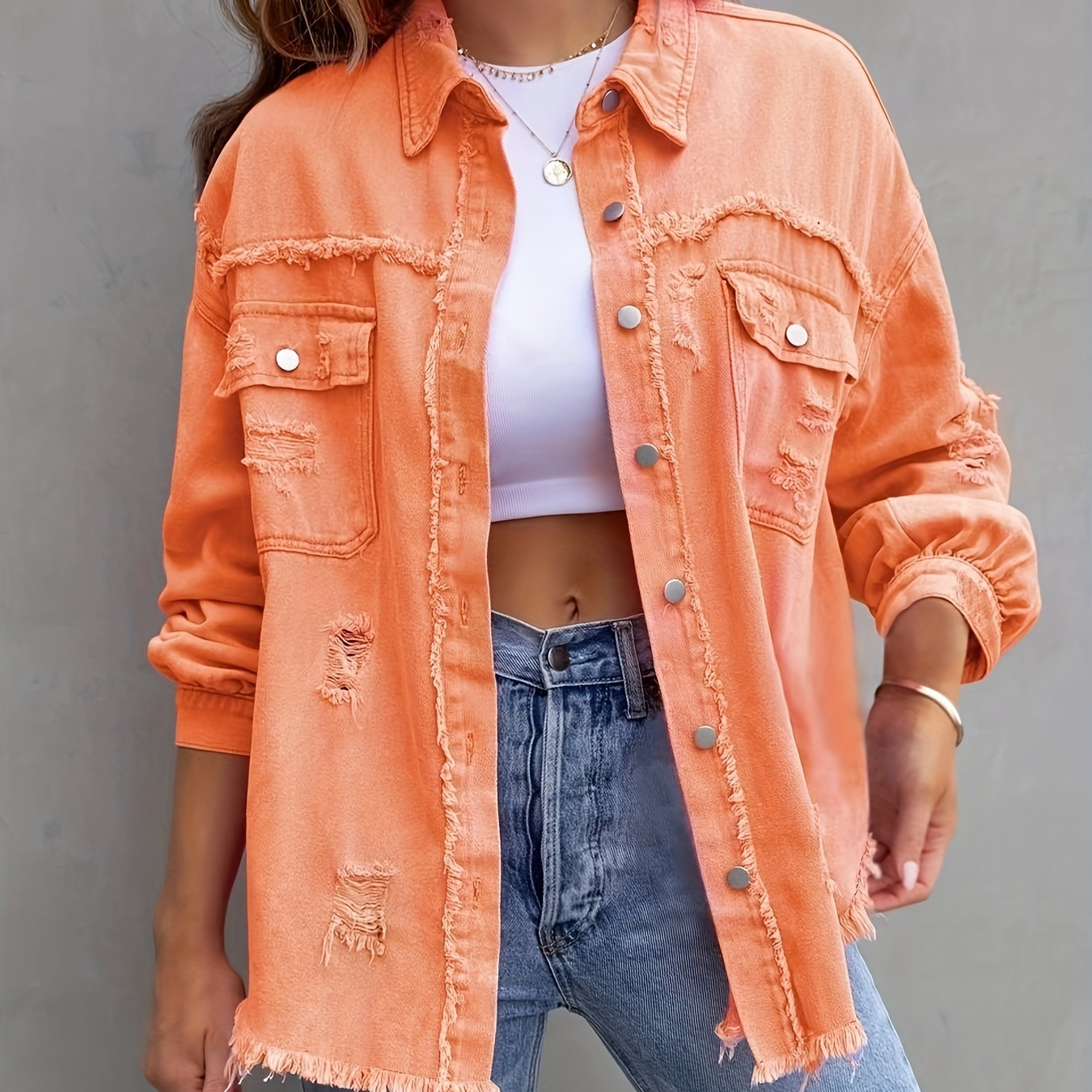 

Plus Size Casual Denim Top, Women's Plus Solid Ripped Button Up Long Sleeve Turn Down Collar Fringe Trim Denim Jacket For Koningsdag/king's Day