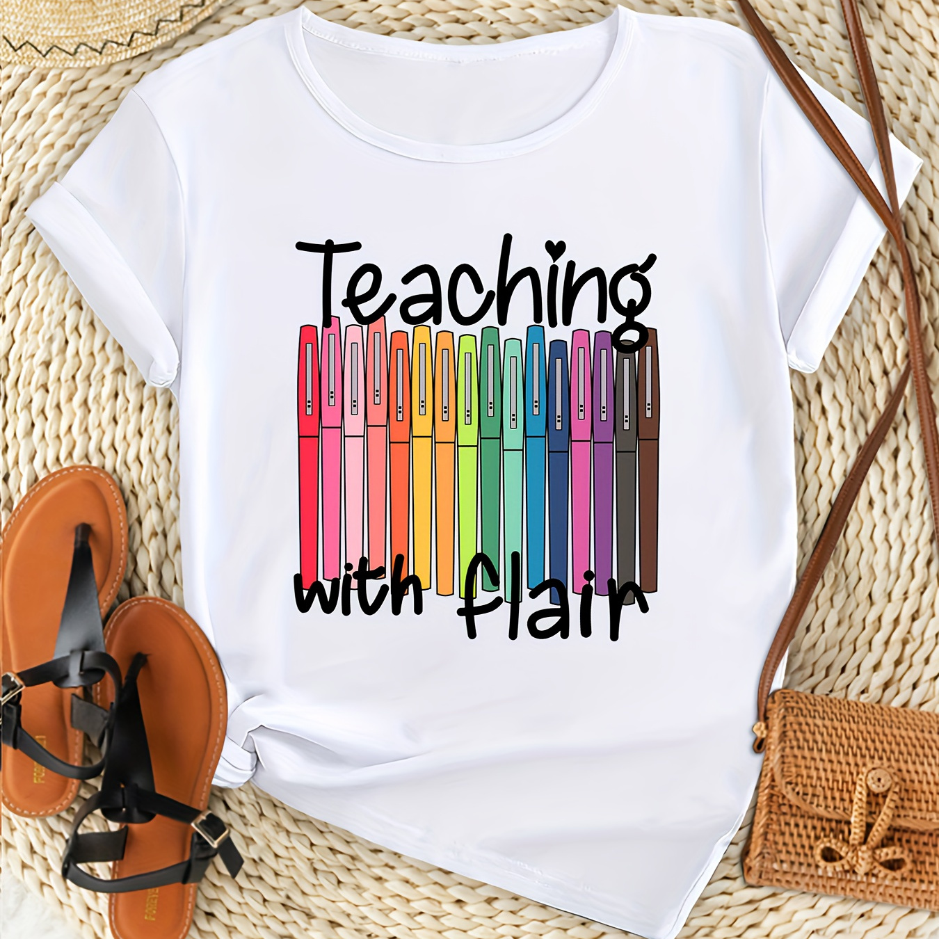 

Women's Plus Size Casual Sporty T-shirt, "teaching With Flair" Colorful Pen Print, Comfort Fit Short Sleeve Tee, Fashion Breathable Casual Top
